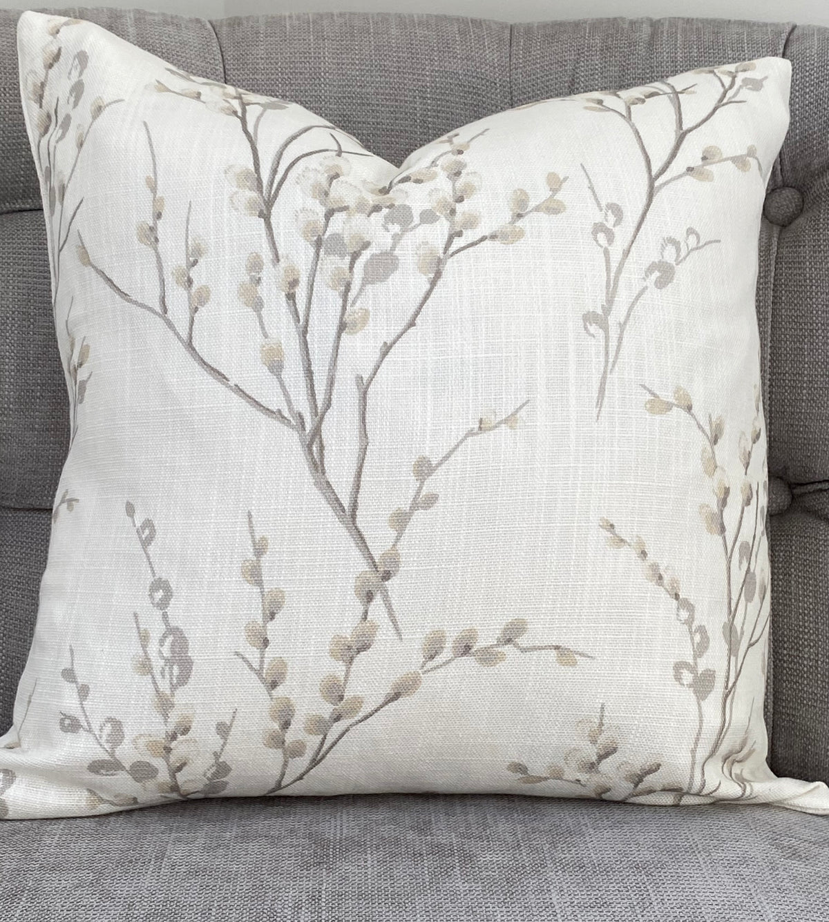 Laura Ashley Pussy Willow Dove Grey Cushion, Off White Dove Grey backed in Laura Ashley Austen Fabric, Handmade with a Zip Fastening, 16"