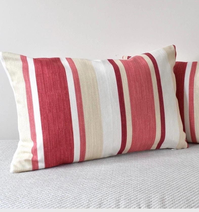 Laura Ashley Awning Stripe Cushion : Handmade in Pale Cranberry with a Zip Fastening 17” by 12”