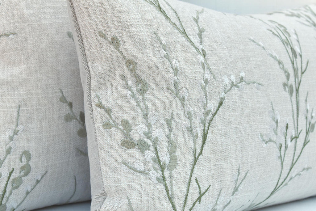Laura Ashley Pussy Willow Cushion, Handmade in Embroidered Green Floral Hedgerow,16"