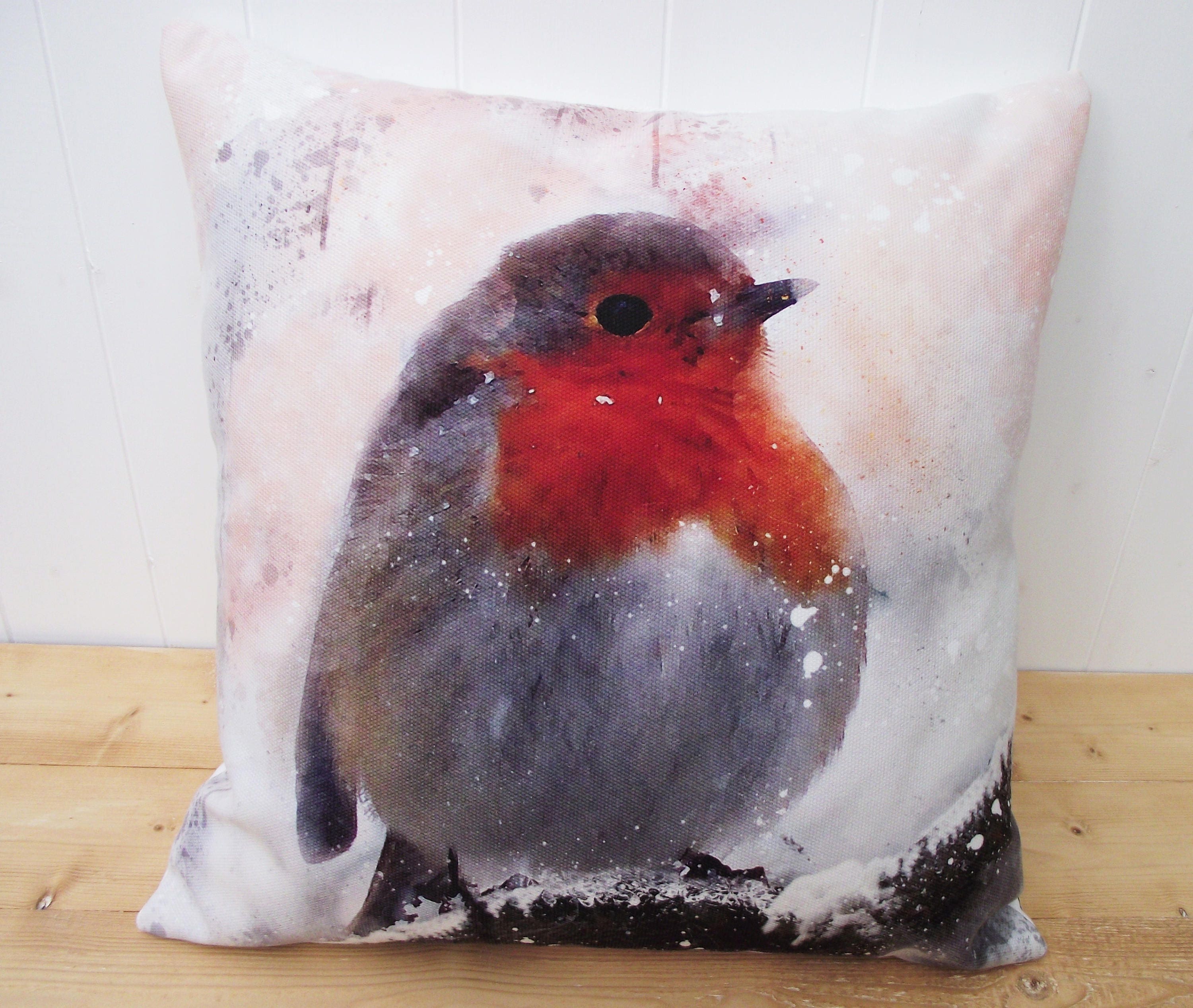 Winter Robin Pillow: Watercolor Bird Art, Snow Scene Cushion, Cover Only or Cover + Pad