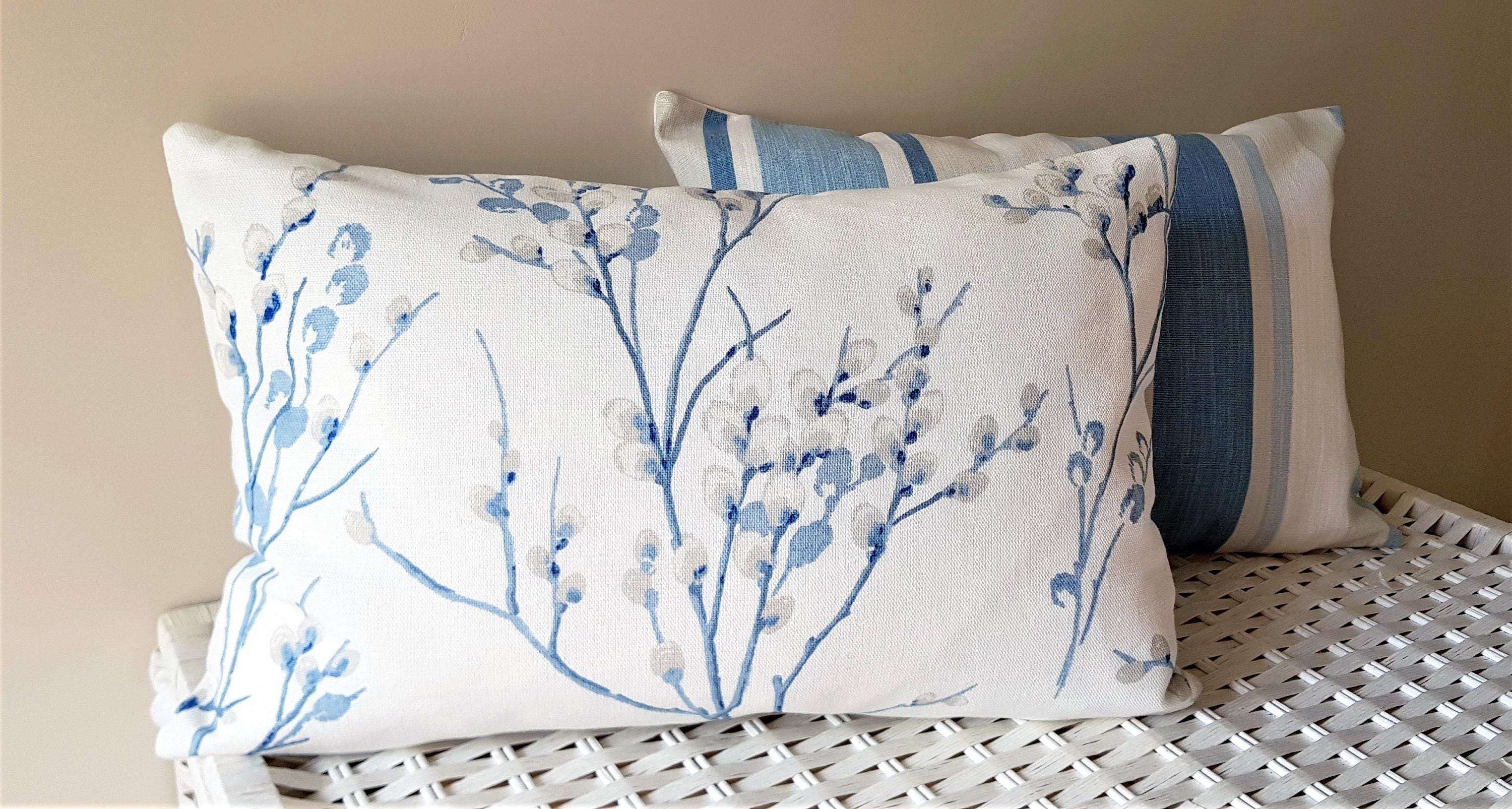 Laura Ashley Blue Seaspray Pussy Willow Cushion, with Austen Off White back, Handmade with a Zip fastening 18" by 12"