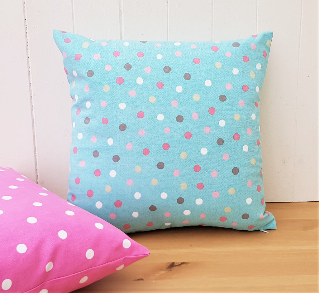 Handmade Turquoise Polka Dot Cushion : 16" Cotton Pillow