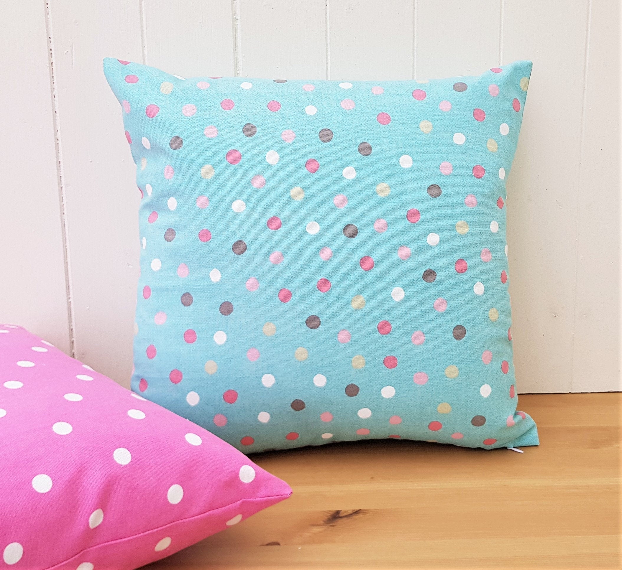 Handmade Turquoise Polka Dot Cushion : 16" Cotton Pillow