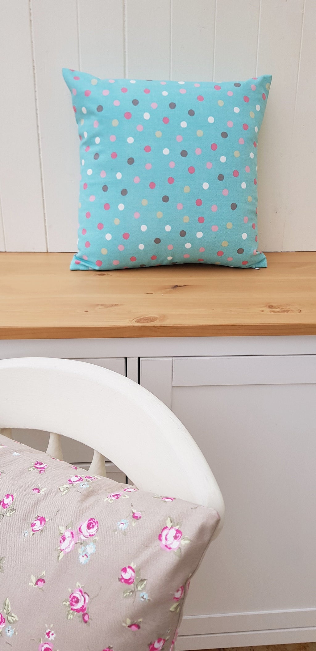 Handmade Turquoise Polka Dot Cushion : 16" Cotton Pillow