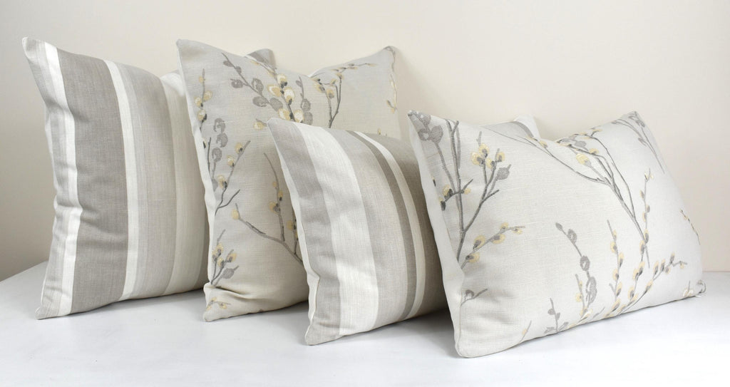 Laura Ashley Dove Grey Pussy Willow Cushion, 18" by 12" Floral Pillow, backed in Austen Off White, Handmade with a Zip Fastening