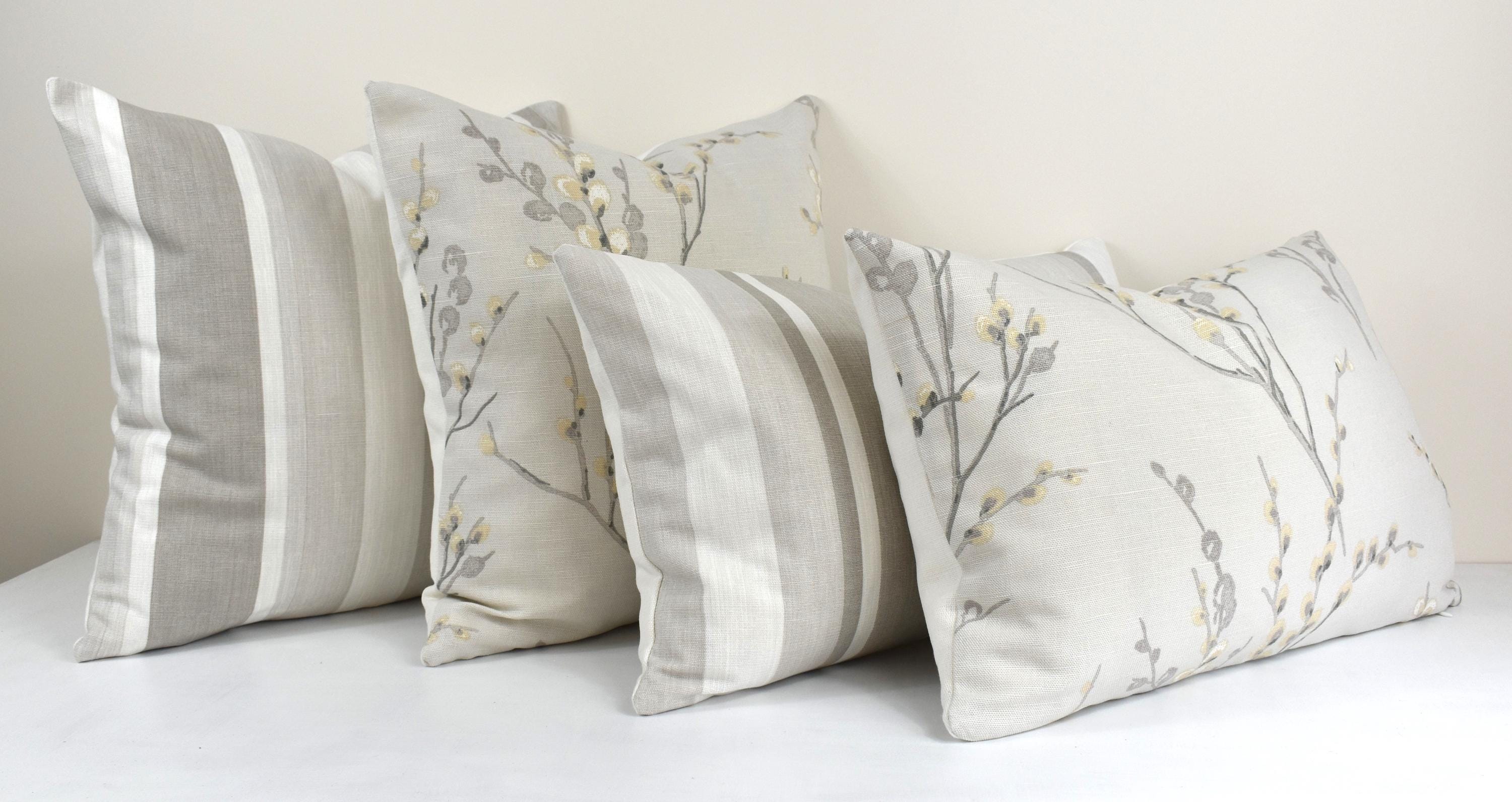 Laura Ashley Dove Grey Pussy Willow Cushion, 18" by 12" Floral Pillow, backed in Austen Off White, Handmade with a Zip Fastening