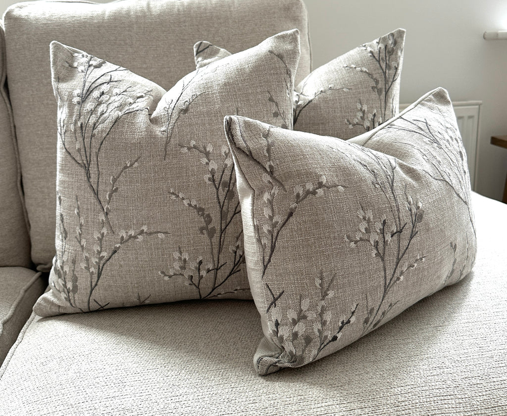 Laura Ashley Pussy Willow Embroidered Steel Grey Cushion, Handmade with a Zip Fastening