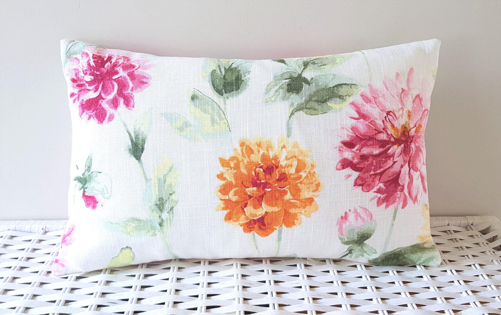 Laura Ashley Orange and Pink Floral Cushion, backed with plain  Laura Ashley Off White, Handmade with a zip fastening 18" by 12"