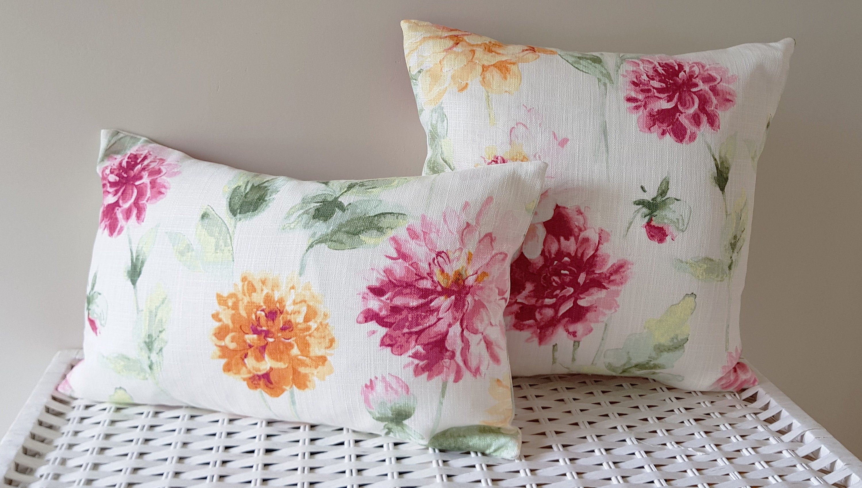 Laura Ashley Dahlia Floral Cushion, backed with Laura Ashley Off White fabric, Handmade with a zip fastening 16"