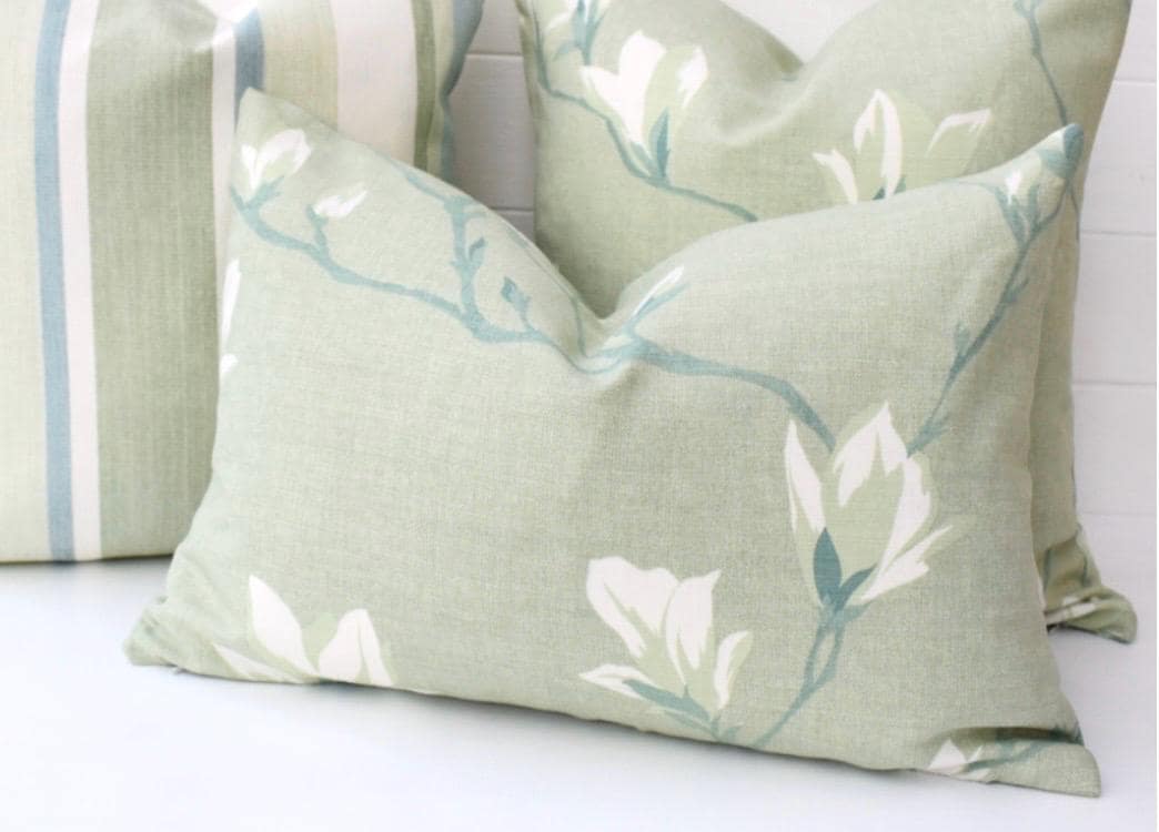 Magnolia Hedgerow Green Cushion, Handmade with Pattern on Both sides and Zip Fastening 18" by 12"