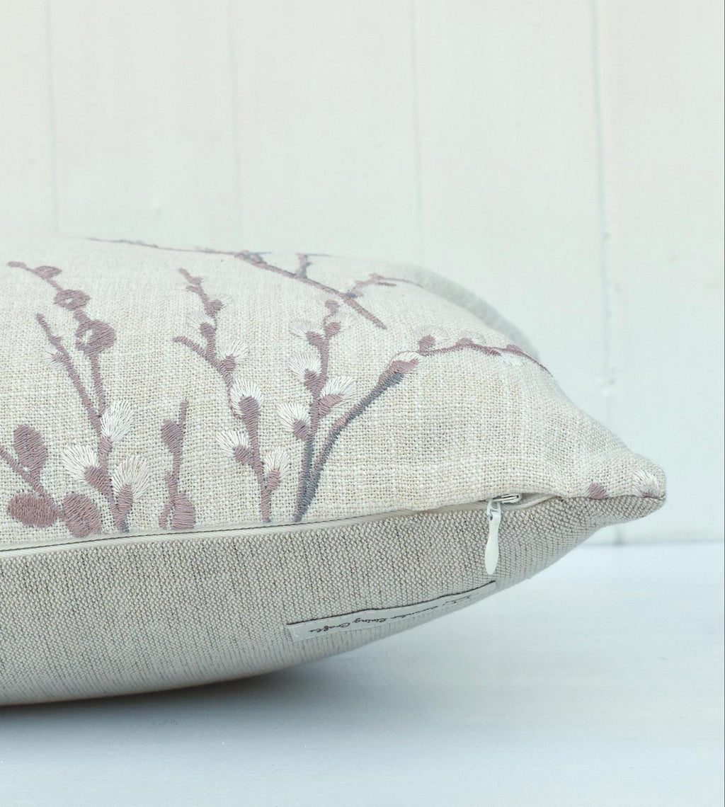 Laura Ashley Blush Pussy Willow Cushion, Embroidered Pillow backed in Austen Natural, Handmade with a Zip Fastening 16"