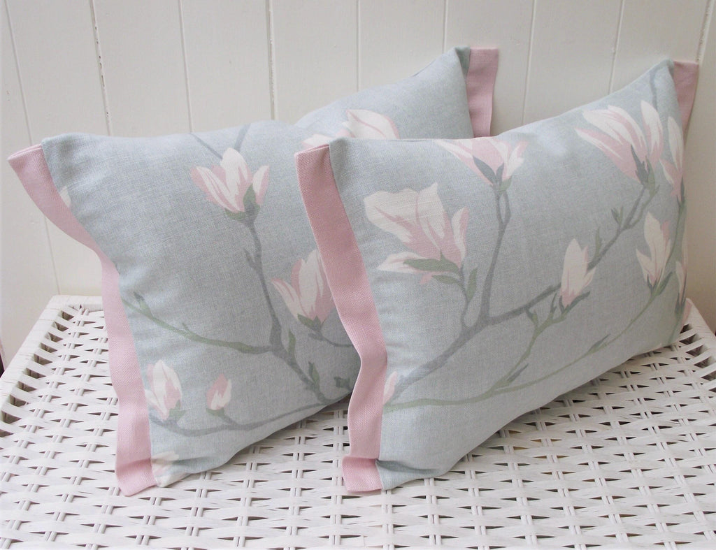 Laura Ashley Magnolia Grove Duck Egg Cushion, Handmade with Pink Edging