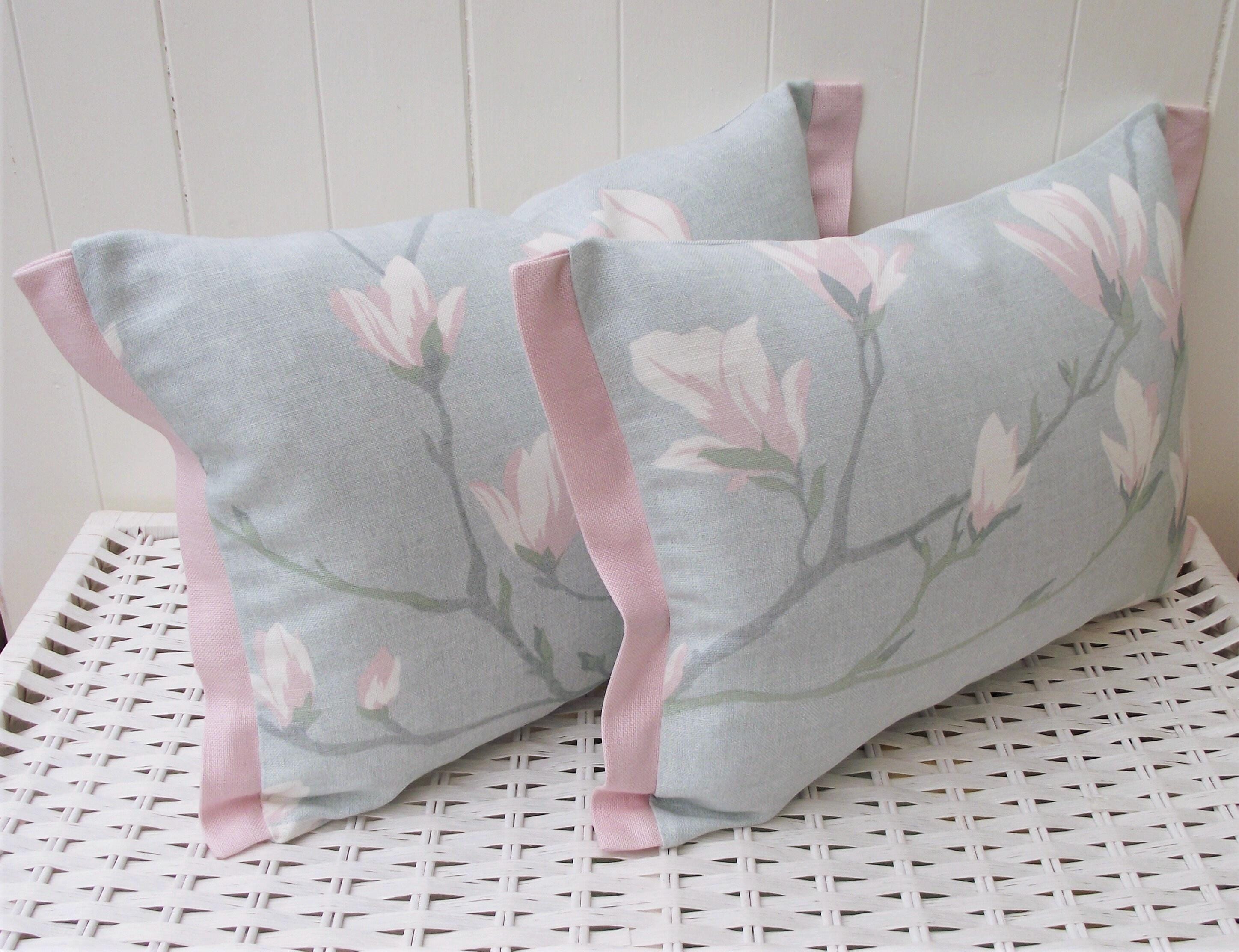 Laura Ashley Magnolia Grove Duck Egg Cushion, Handmade with Pink Edging