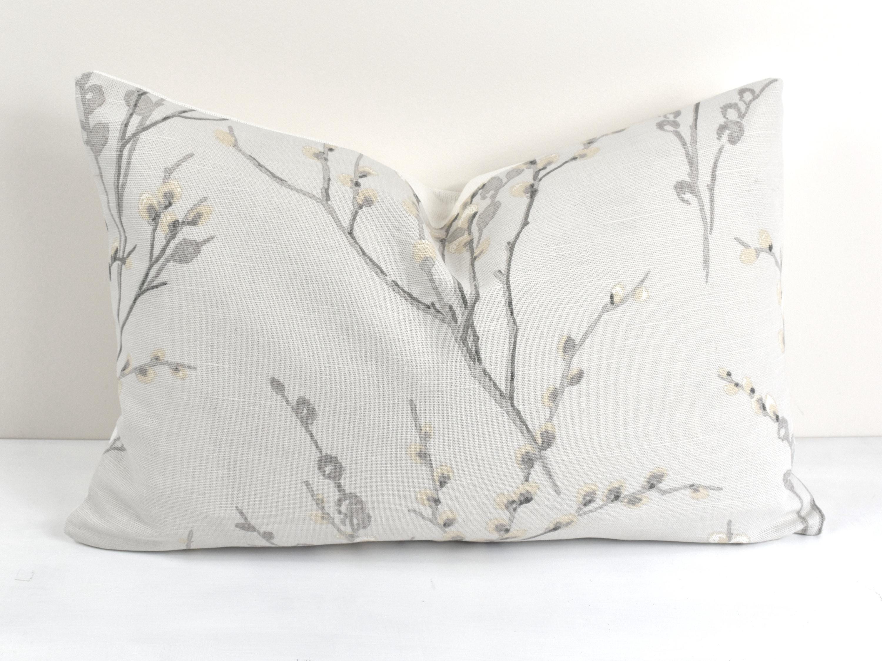 Laura Ashley Dove Grey Pussy Willow Cushion, 18" by 12" Floral Pillow, backed in Austen Off White, Handmade with a Zip Fastening