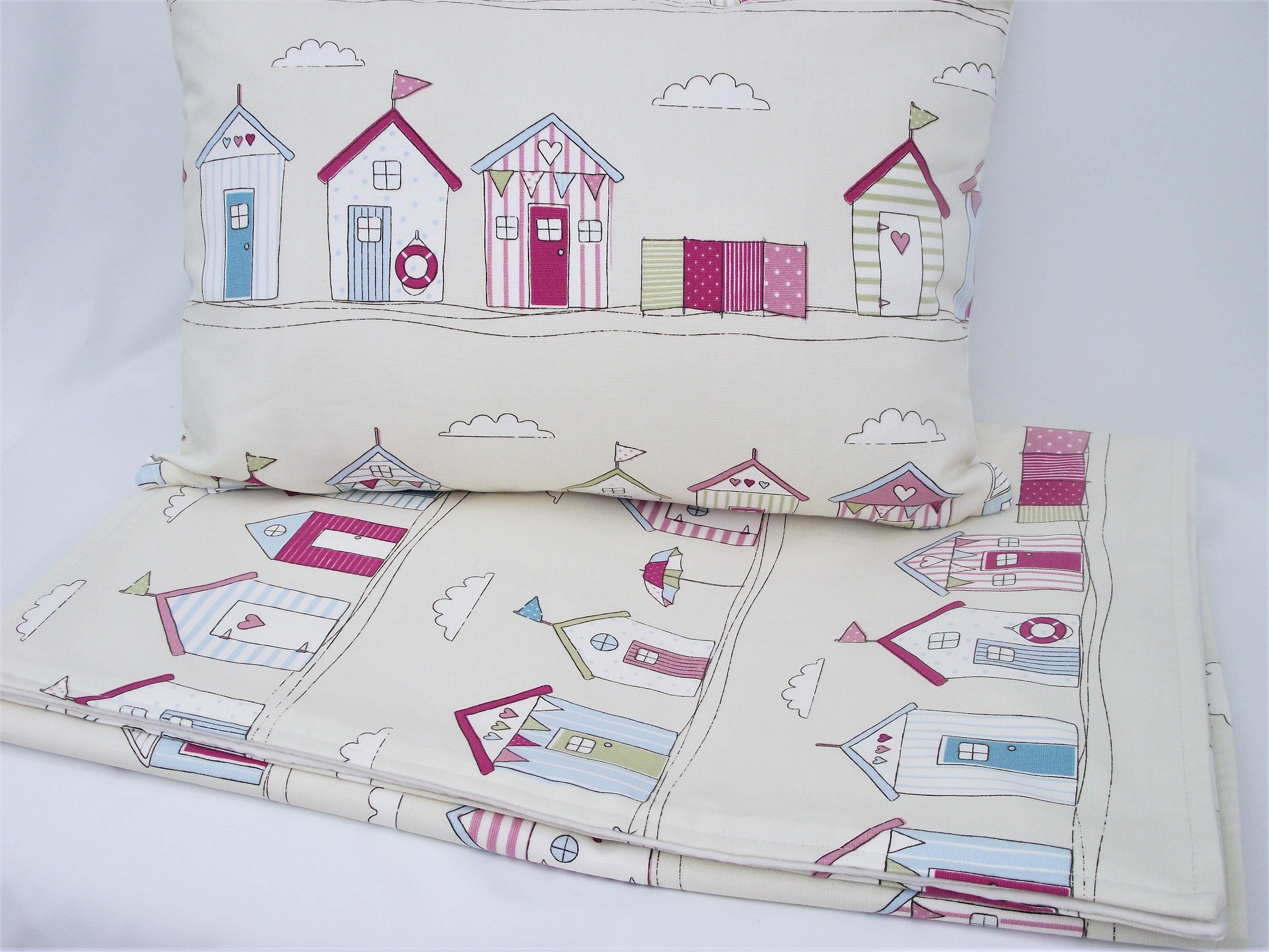 Handmade Beach Hut Cushion: Pink Fryetts Fabric, Holiday Home Pillow