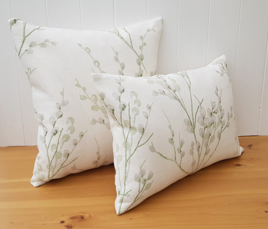 Laura Ashley Green Pussy Willow Cushion, 18" by 12" Floral Hedgerow Pillow, backed in Austen Off White, Handmade with a Zip Fastening
