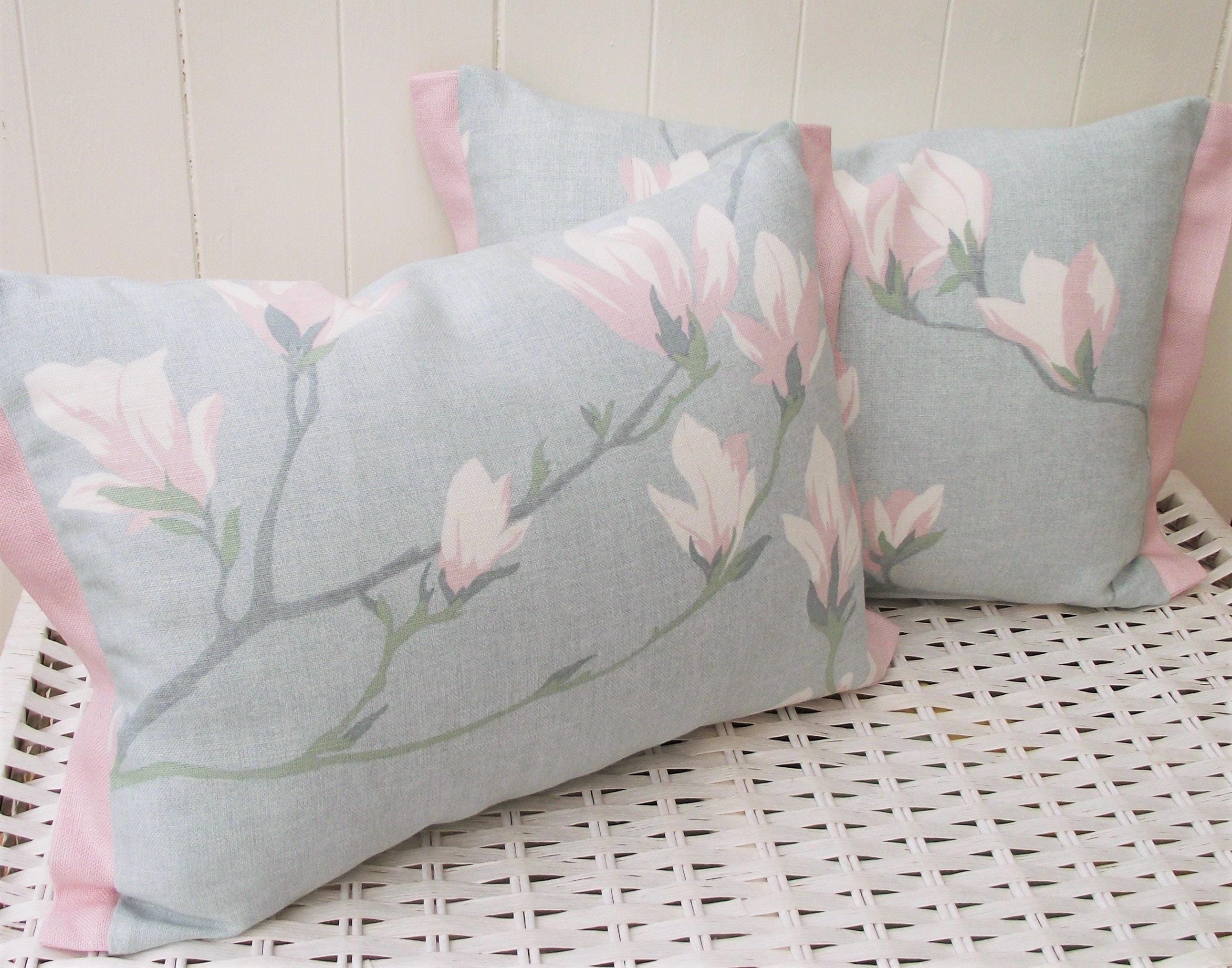 Laura Ashley Magnolia Grove Duck Egg Cushion, Handmade with Pink Edging