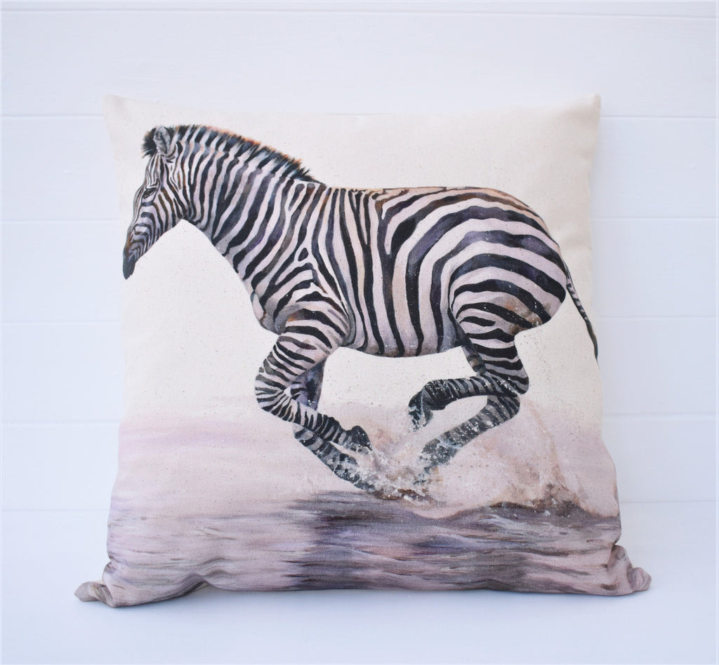 Zebra Art Print Cushion: African Animals Organic Cotton, Wendy Darker, Choice of Cover only or Cover with Pad