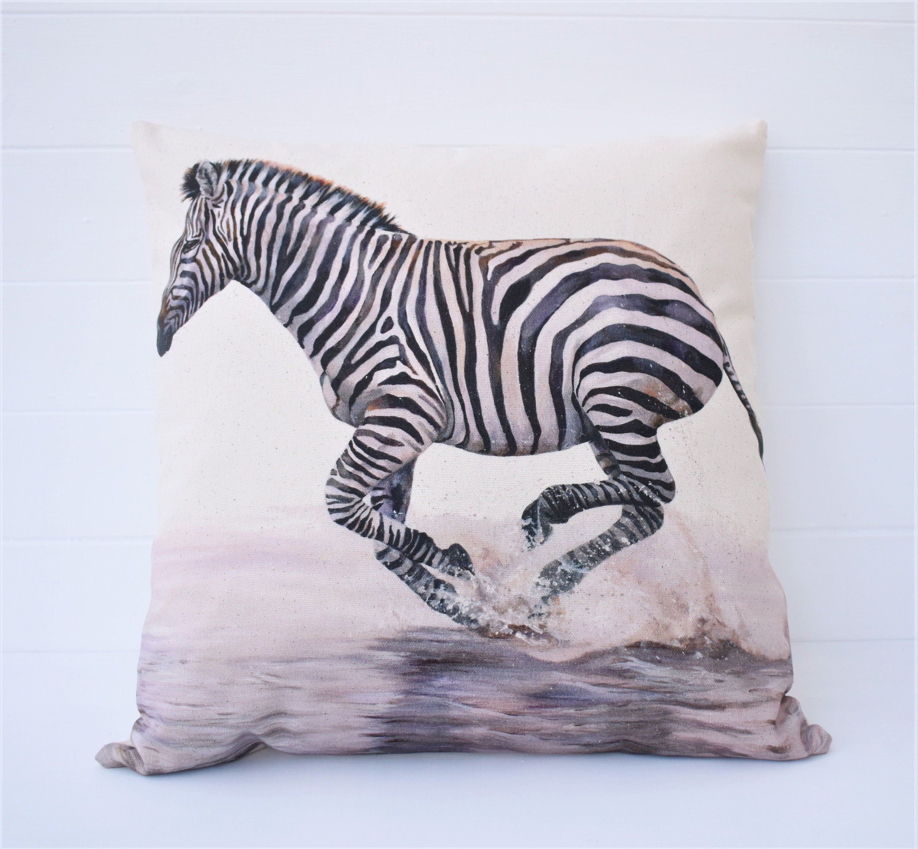 Zebra Art Print Cushion: African Animals Organic Cotton, Wendy Darker, Choice of Cover only or Cover with Pad