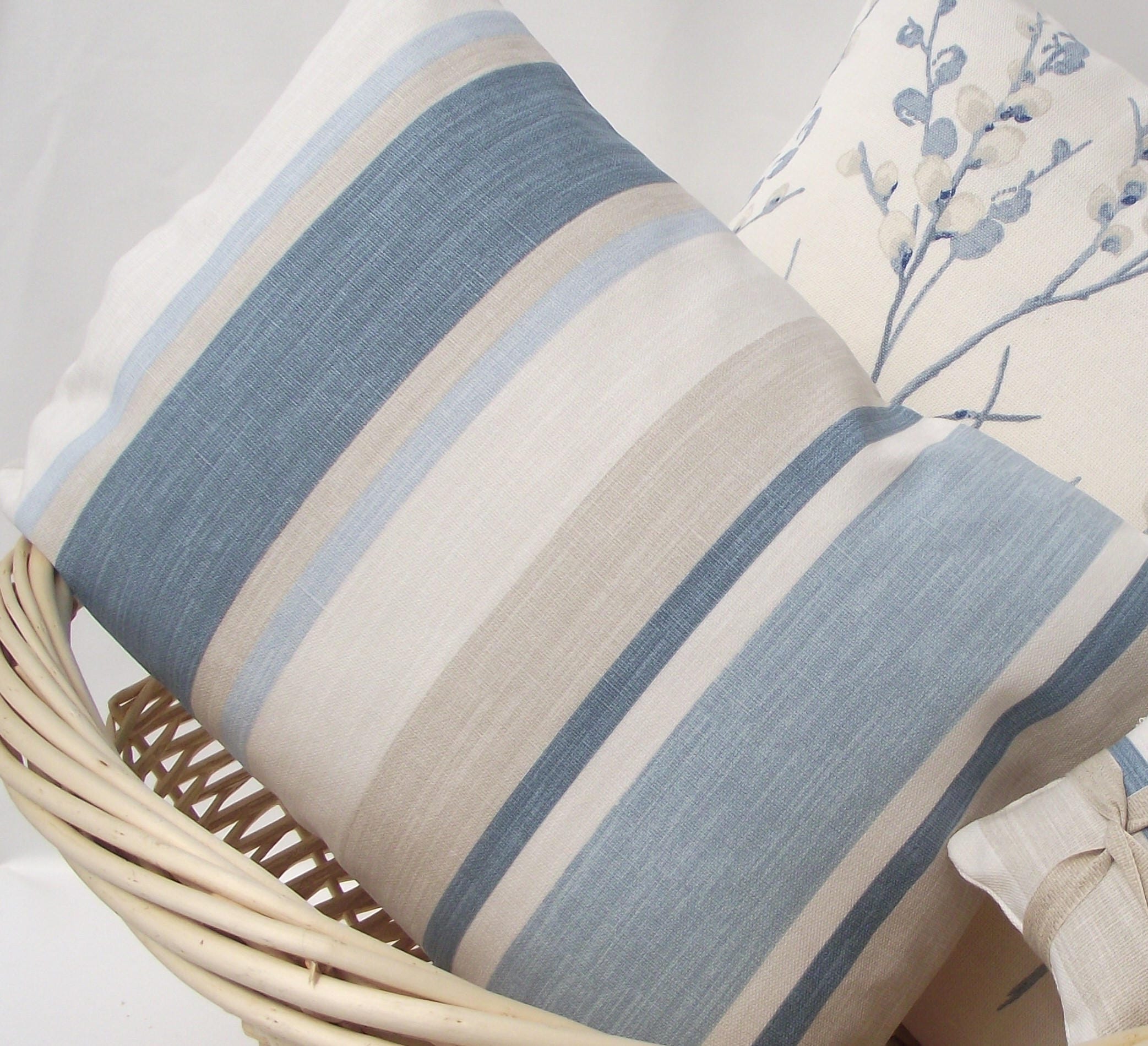 Laura Ashley Awning Stripe Seaspray Blue Cushion : Handmade with Zip Fastening