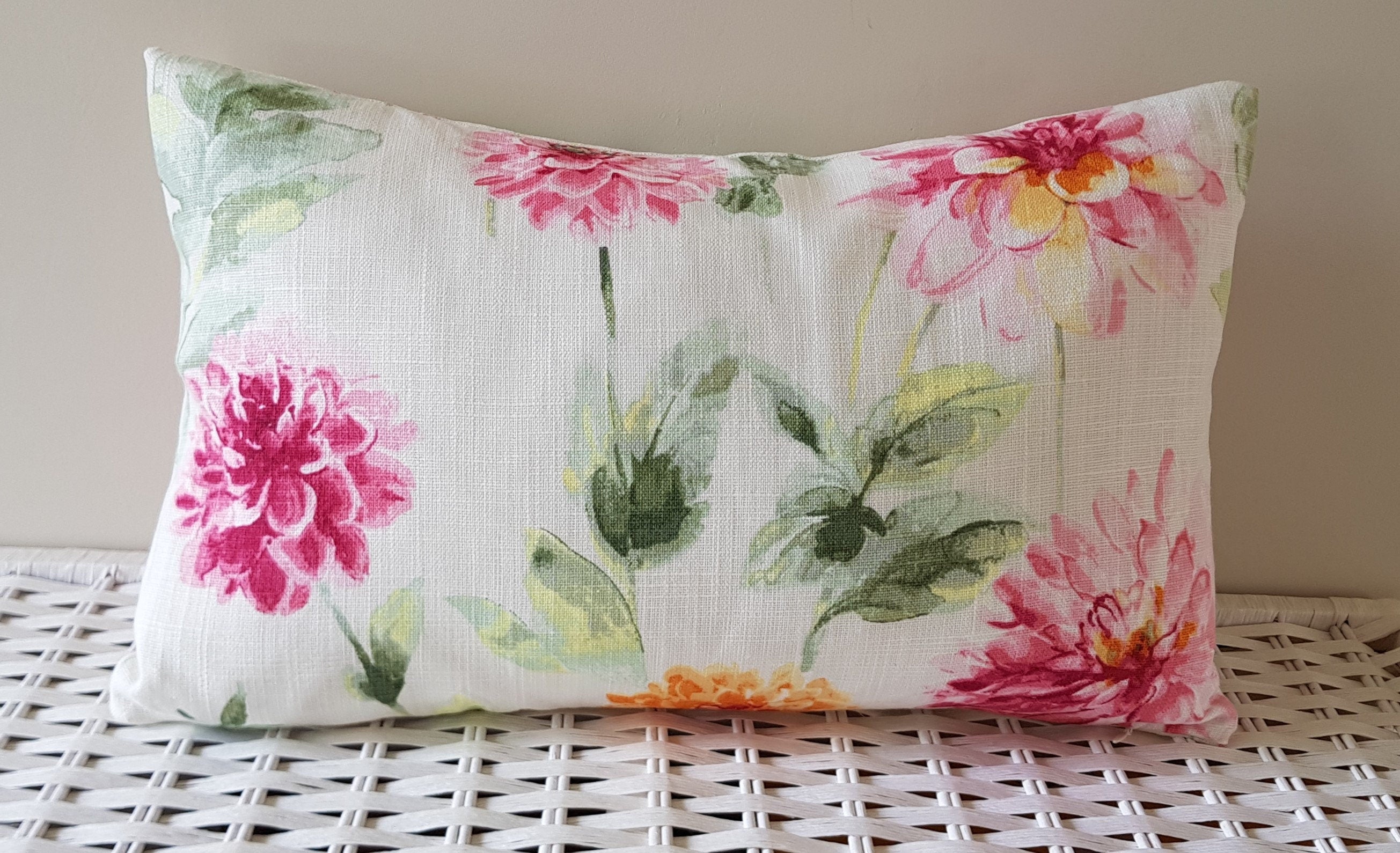 Laura Ashley Orange and Pink Floral Cushion, backed with plain  Laura Ashley Off White, Handmade with a zip fastening 18" by 12"