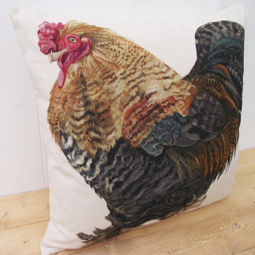 Wendy Darker Art Print Cockerel Cushion: Organic Cotton Pillow, Cover Only or Cover + Pad