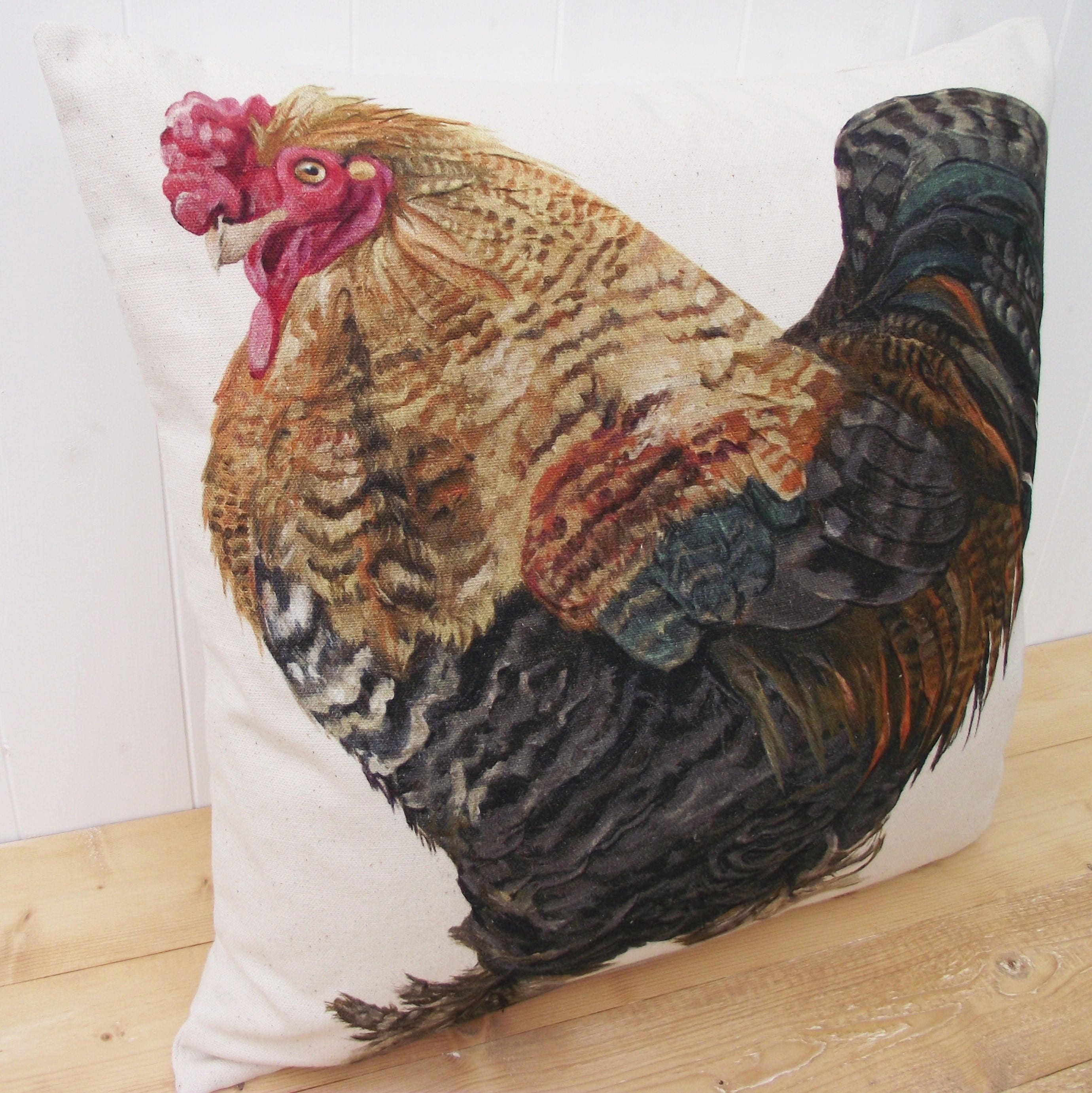 Wendy Darker Art Print Cockerel Cushion: Organic Cotton Pillow, Cover Only or Cover + Pad