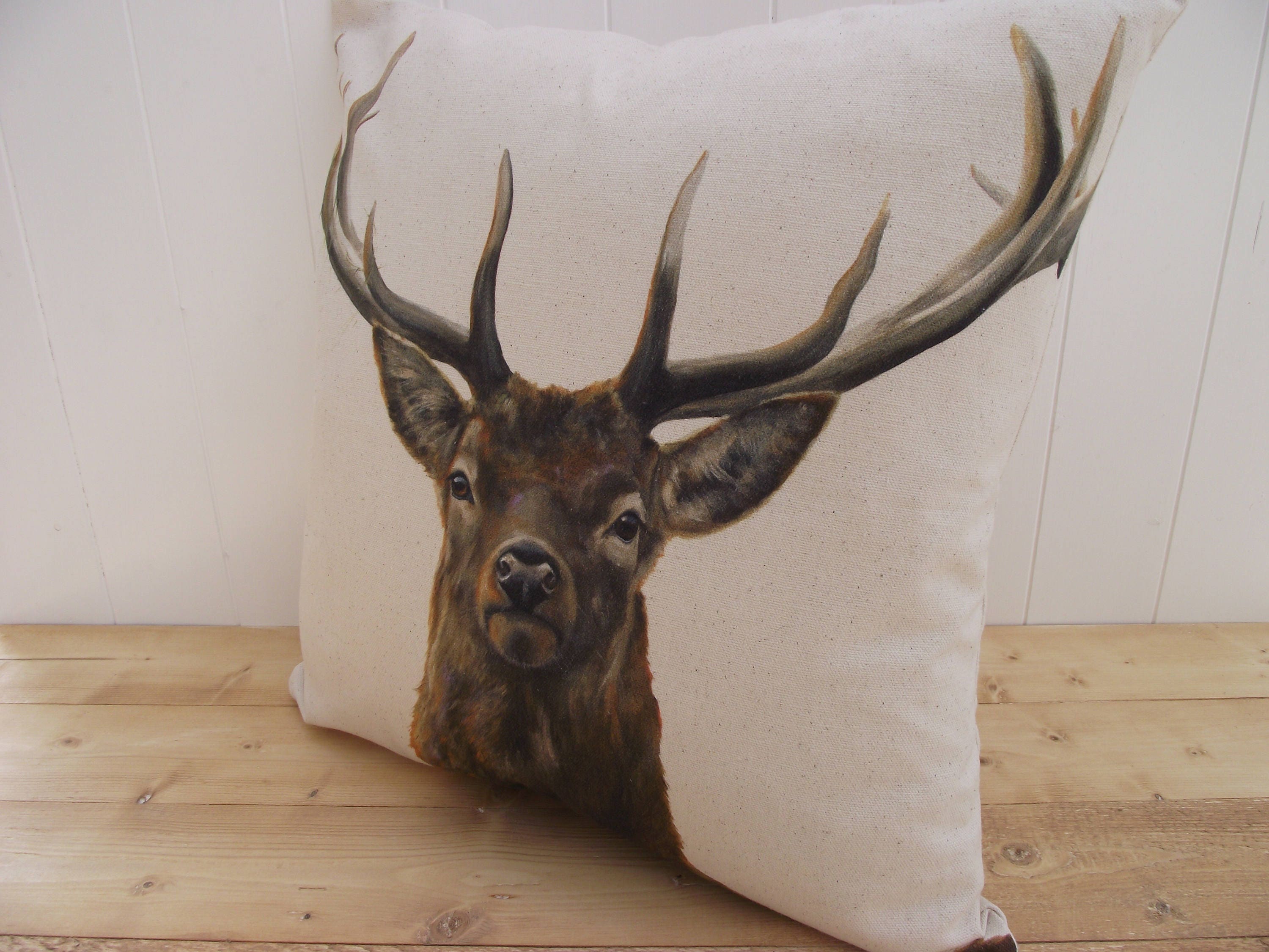 Stag Art Print Cushion: Organic Cotton Deer Pillow, Cover only or Cover with Pad