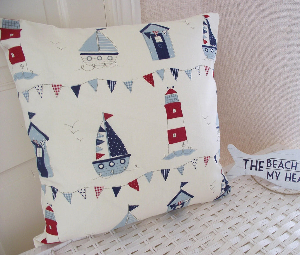 Nautical Seaside Cushion, Maritime Blue and Red Pillow, with a Zip Fastening.
