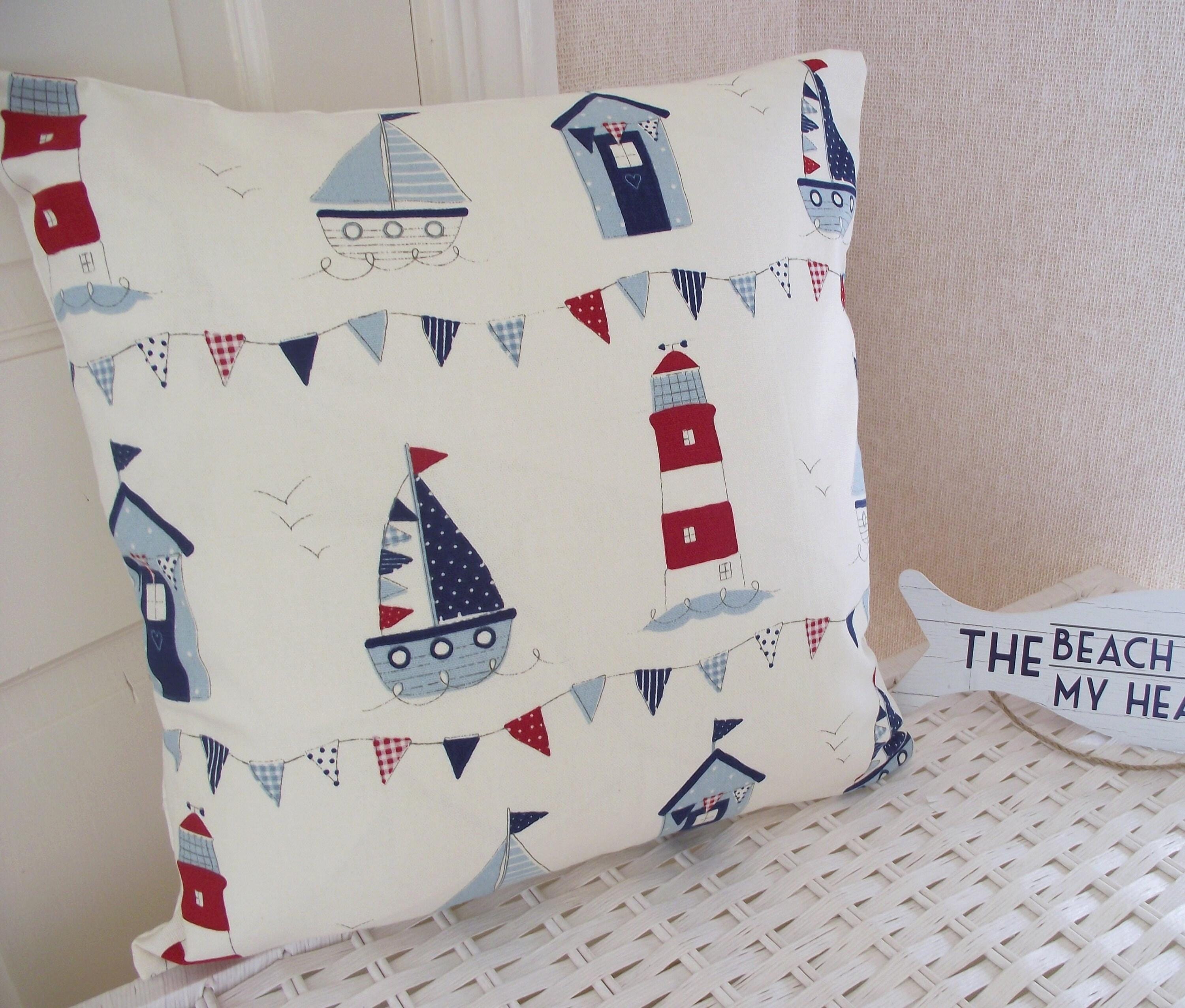 Nautical Seaside Cushion, Maritime Blue and Red Pillow, with a Zip Fastening.