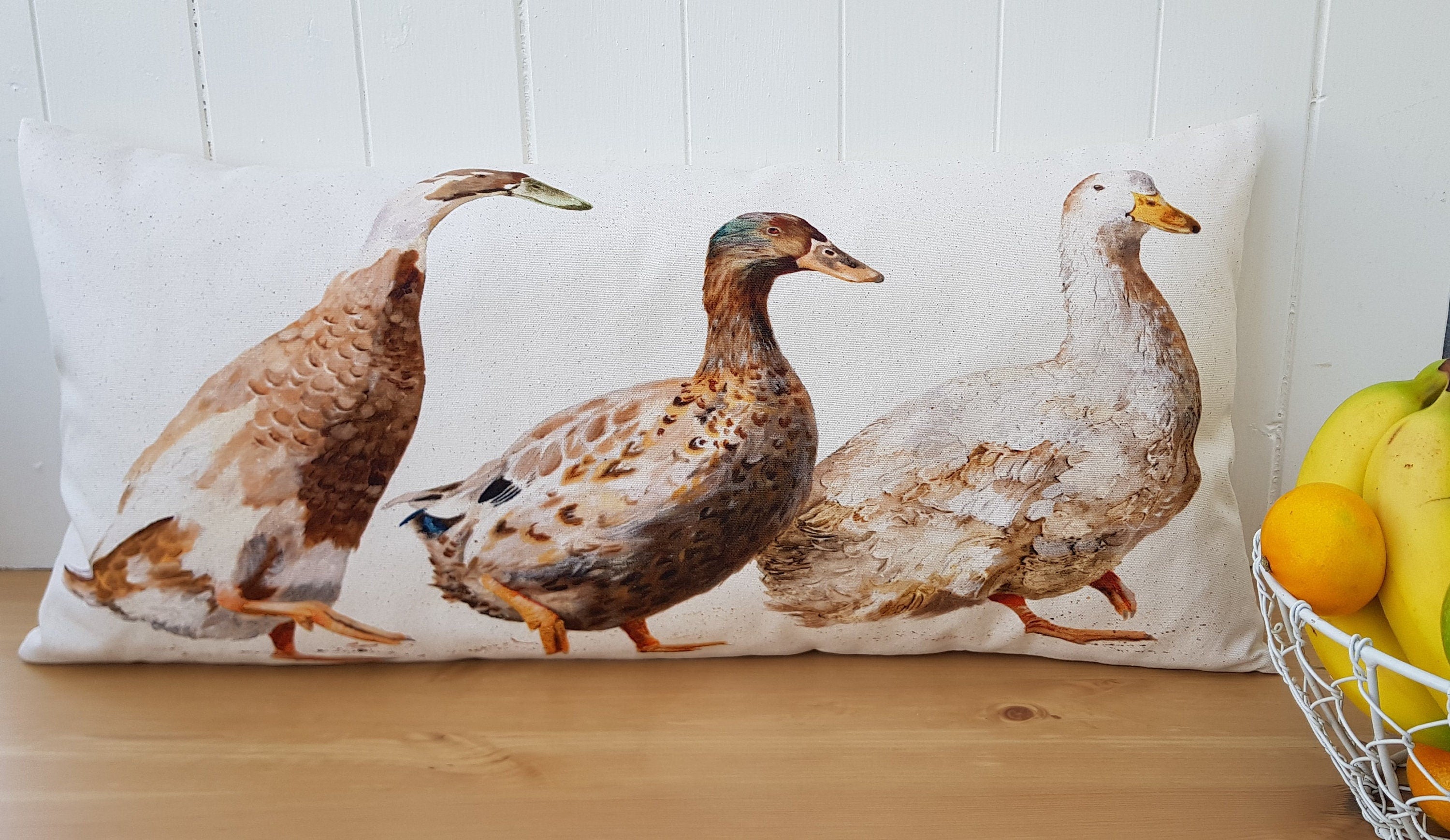 Ducks Organic Cotton Cushion: Farmyard Art by Wendy Darker (26x12)