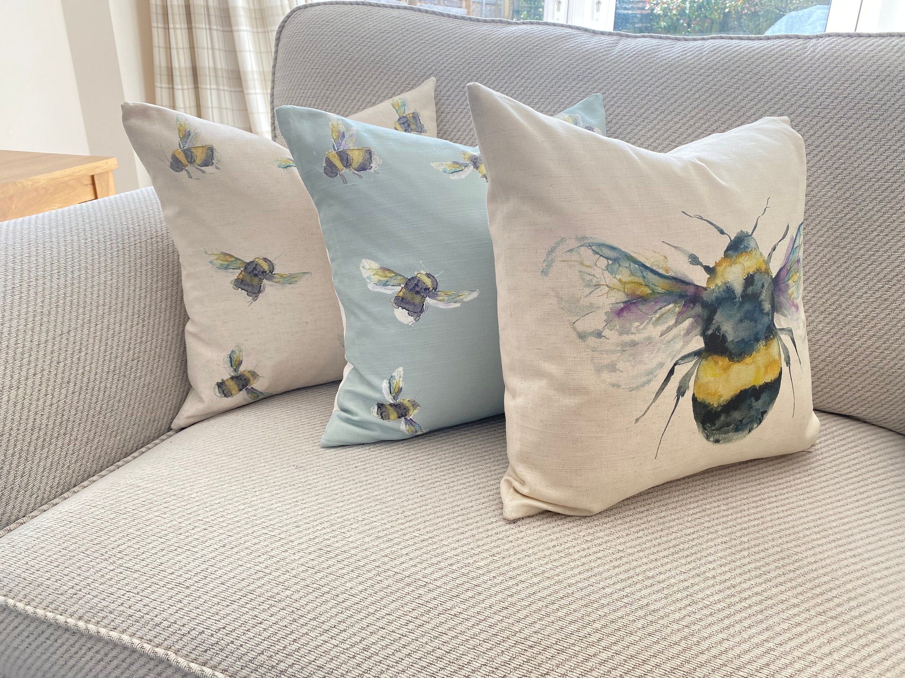 Handmade Bee Cushion : Voyage Maison Duck Egg Green, Laura Ashley Backing