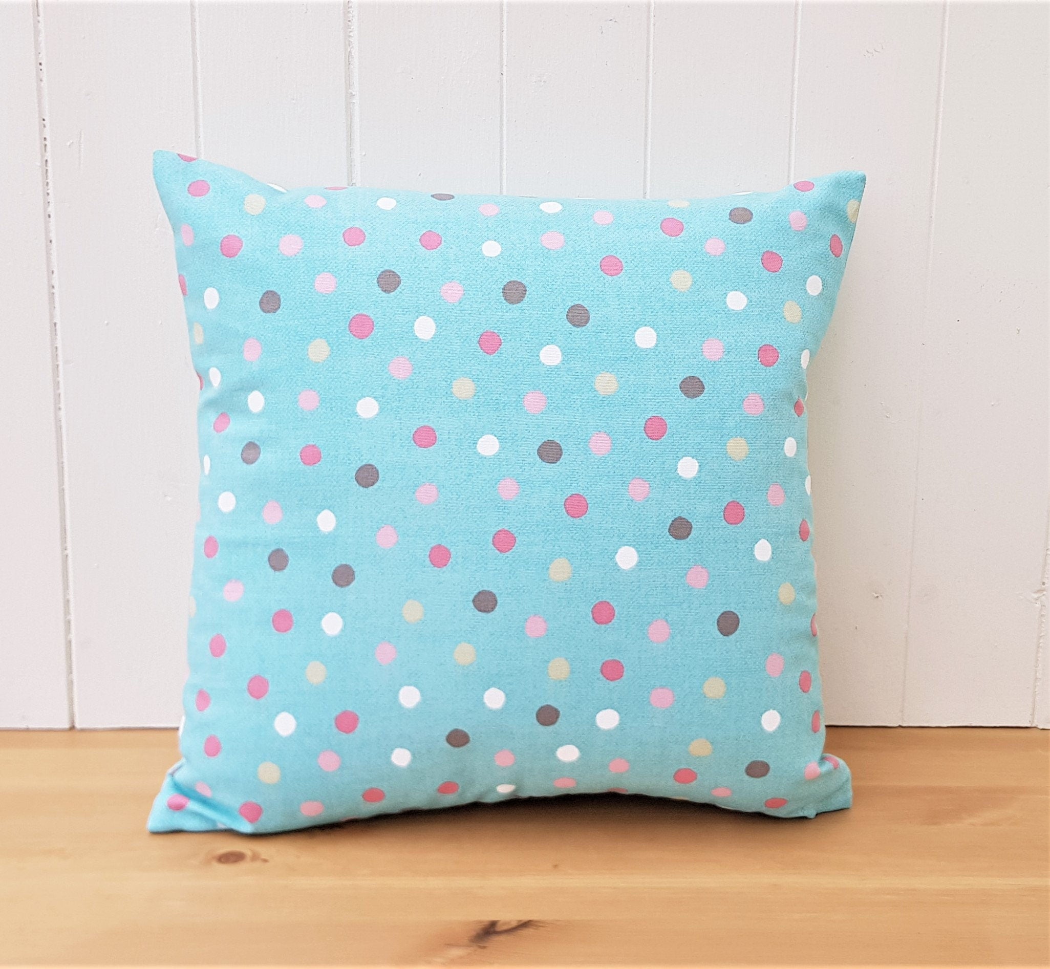 Handmade Turquoise Polka Dot Cushion : 16" Cotton Pillow