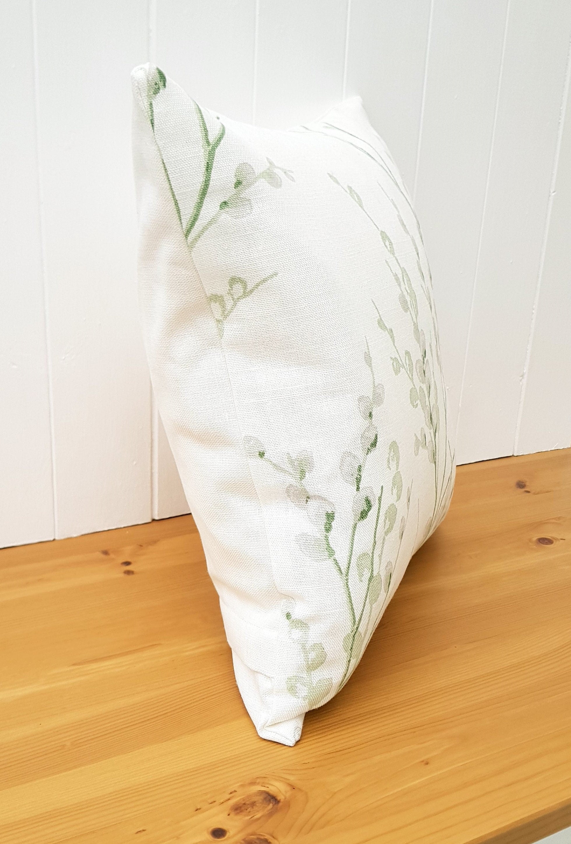 Laura Ashley Pussy Willow Cushion, Green Floral Hedgerow Pillow, backed in Laura Ashley Austen, Handmade with a Zip Fastening