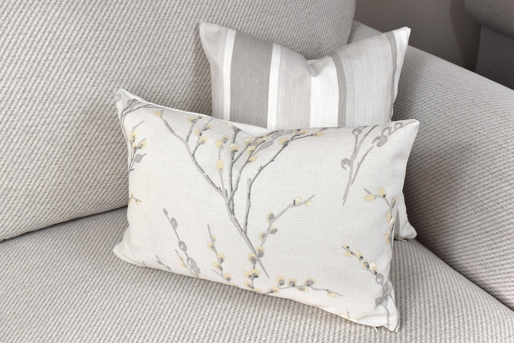Laura Ashley Dove Grey Pussy Willow Cushion, 18" by 12" Floral Pillow, backed in Austen Off White, Handmade with a Zip Fastening