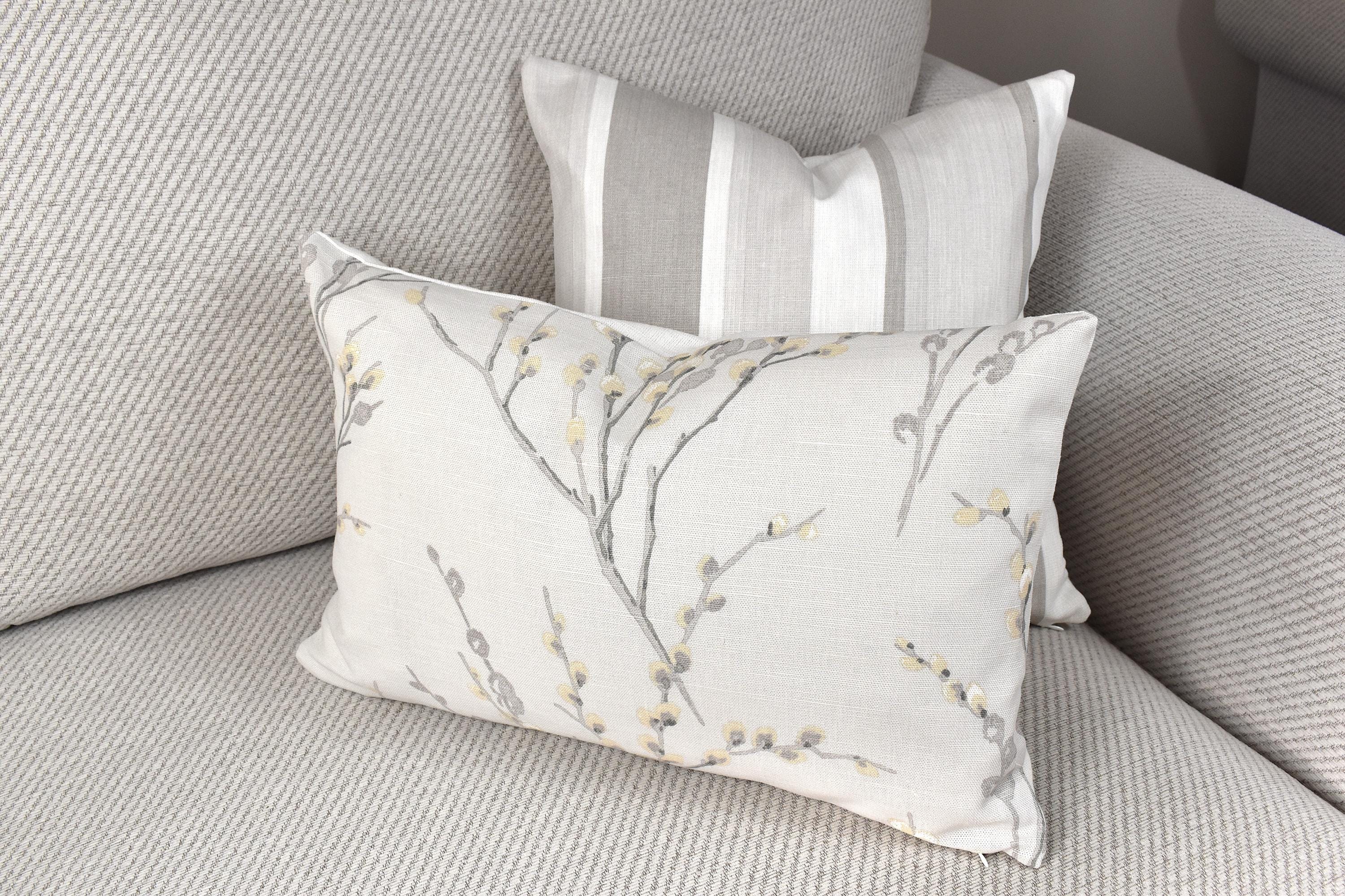 Laura Ashley Dove Grey Pussy Willow Cushion, 18" by 12" Floral Pillow, backed in Austen Off White, Handmade with a Zip Fastening
