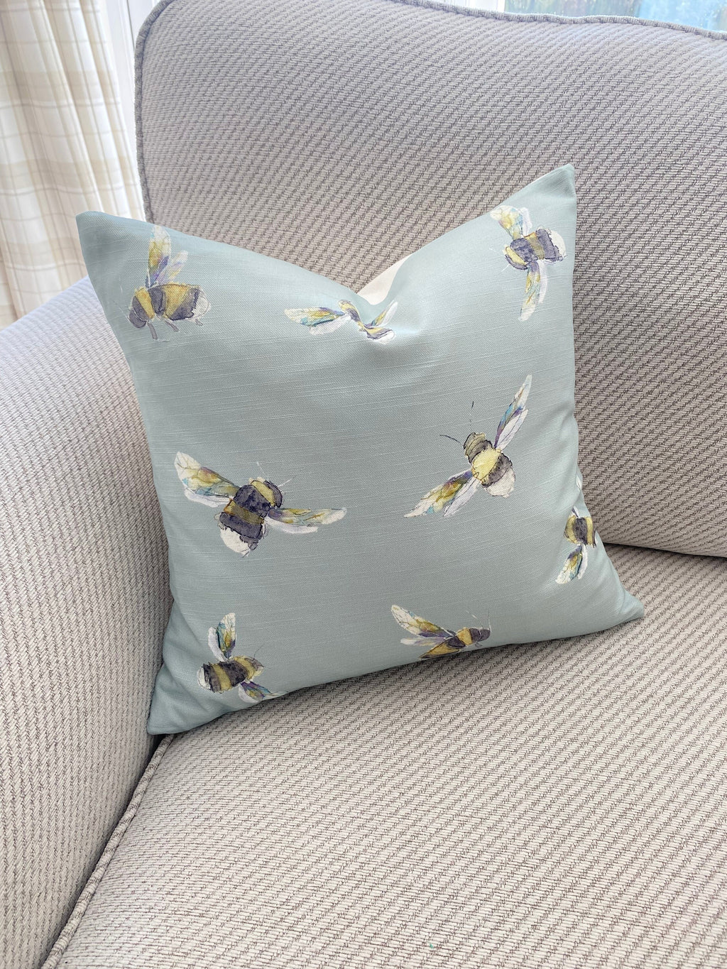Handmade Bee Cushion : Voyage Maison Duck Egg Green, Laura Ashley Backing