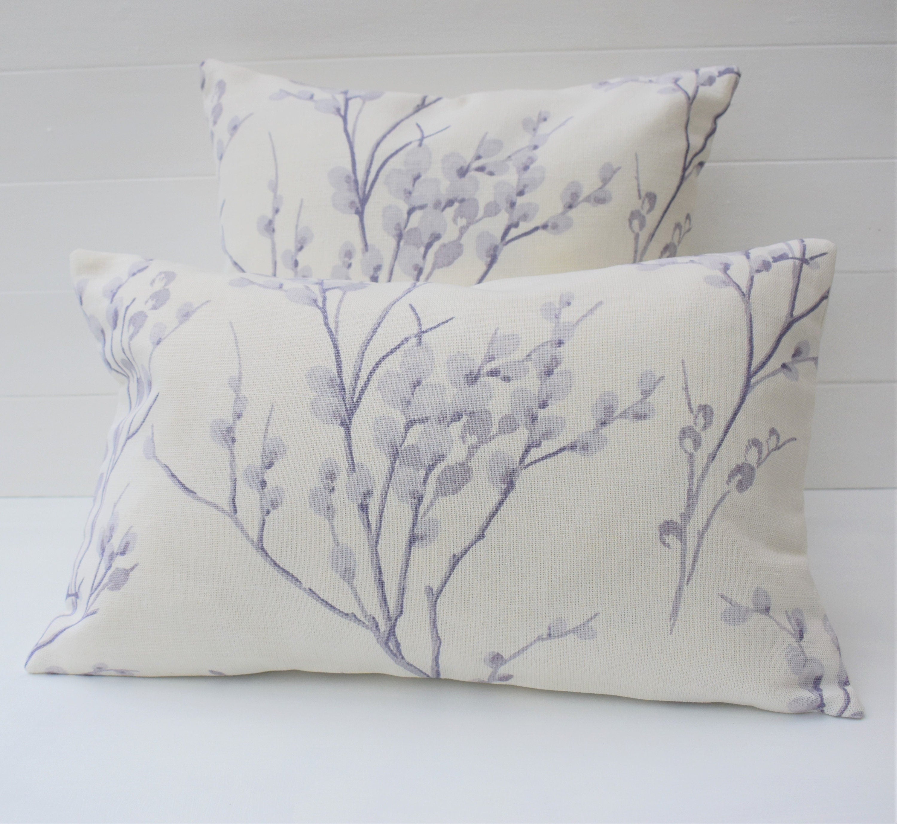 Laura Ashley Purple Pussy Willow Cushion, Pale Iris backed with Laura Ashley Austen Off White, Handmade with a Zip Fastening, 16"