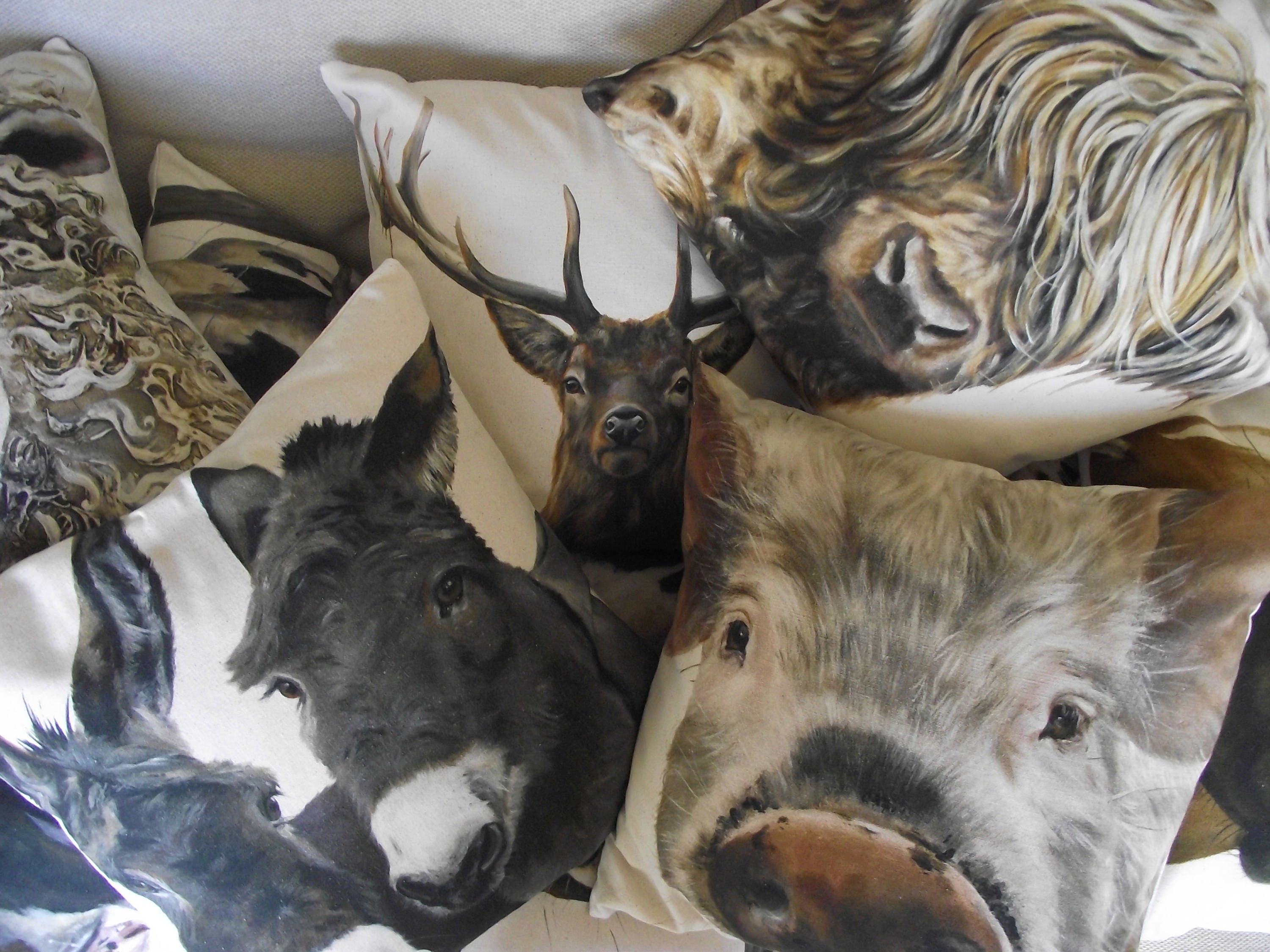 Chicken Run Rustic Cushion, Wendy Darker Art Print on Organic Cotton Fabric, Handmade Cushion with Zip Fastening.