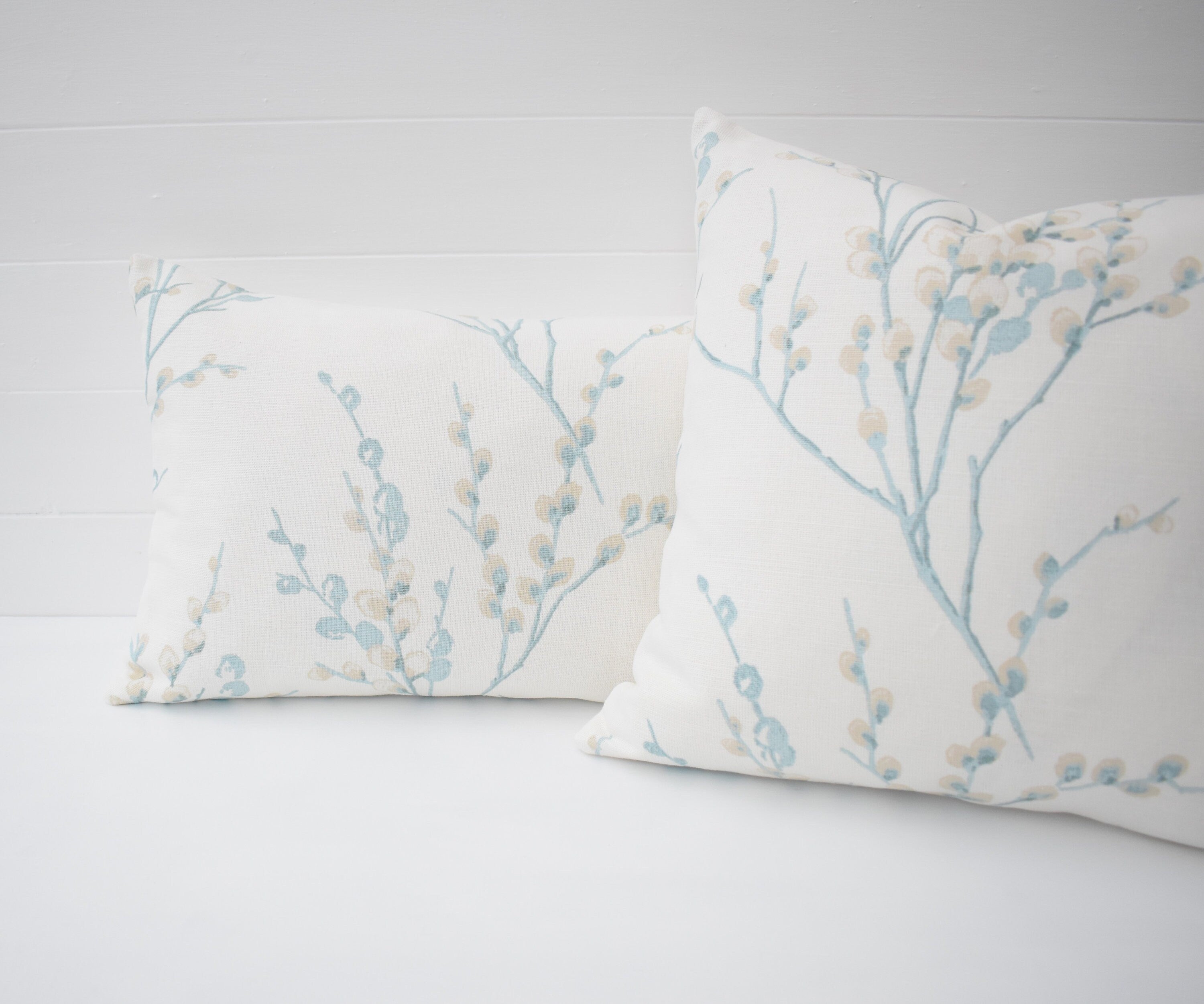 Laura Ashley Pussy Willow Duck Egg Cushion, backed in Laura Ashley Austen Off White, Handmade with a  Zip Fastening 16"