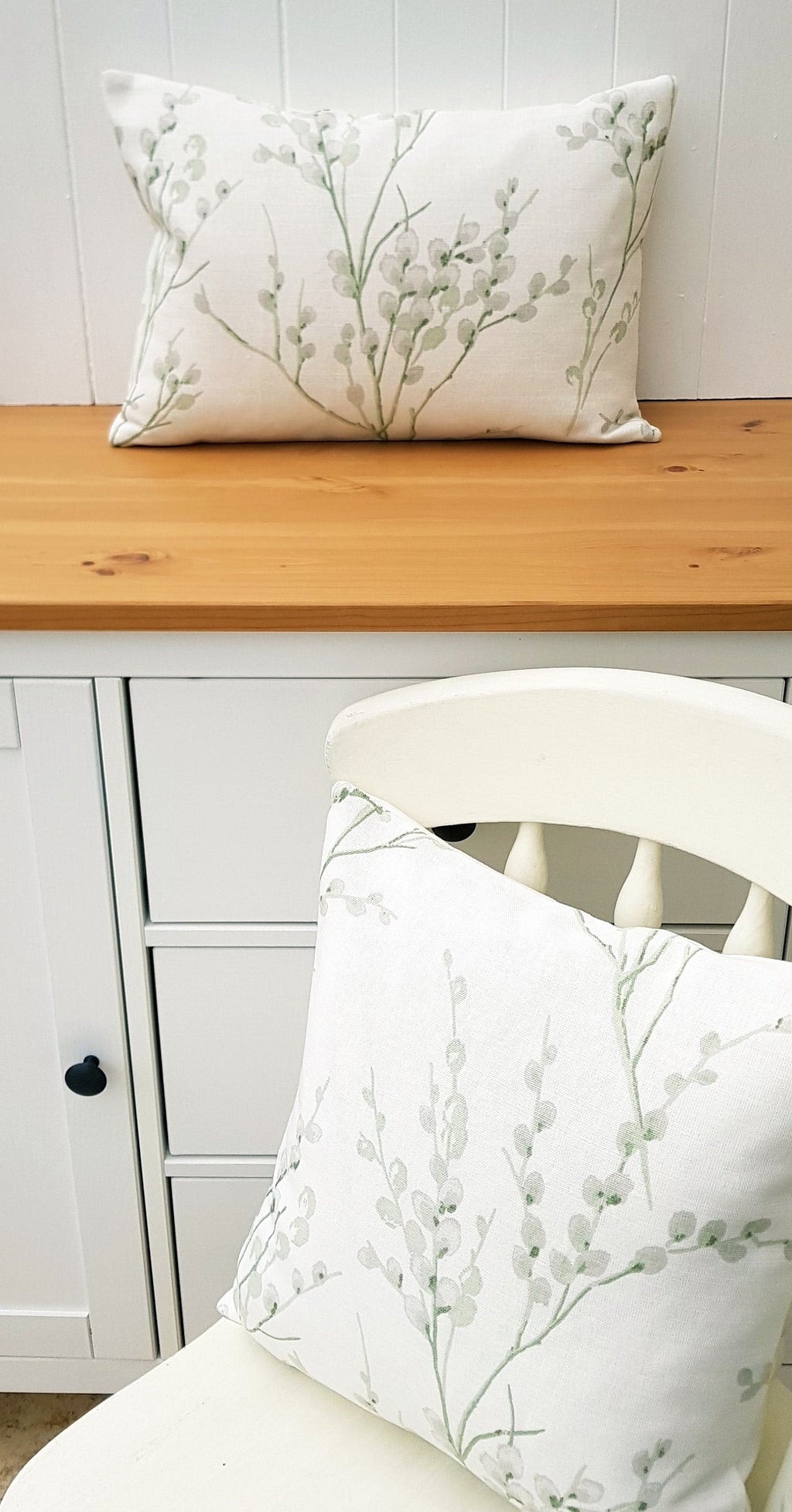 Laura Ashley Pussy Willow Cushion, Green Floral Hedgerow Pillow, backed in Laura Ashley Austen, Handmade with a Zip Fastening