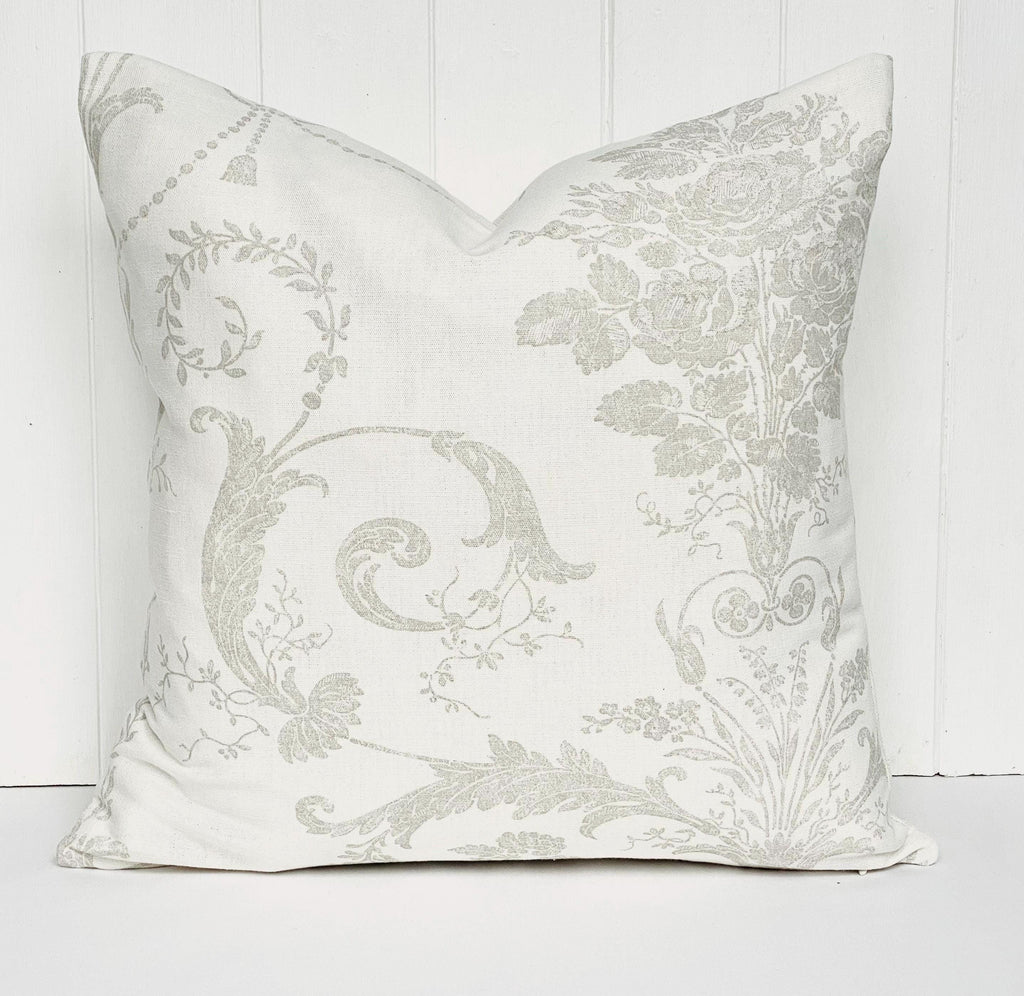 Laura Ashley Josette Dove Grey Off White Cushion, backed with Laura Ashley Austen Off White. Handmade with Zip Fastening.