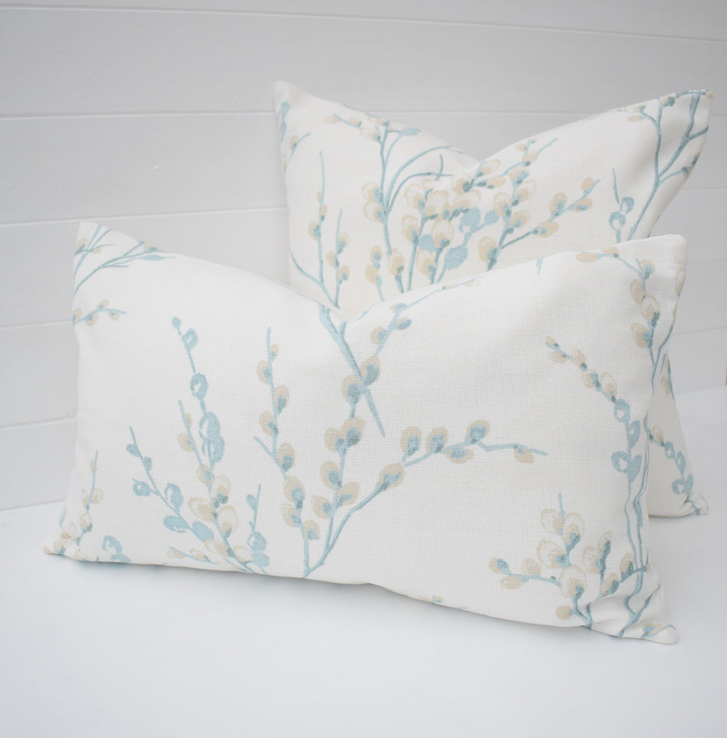 Laura Ashley Pussy Willow Duck Egg Cushion, backed in Laura Ashley Austen Off White, Handmade with a  Zip Fastening 16"