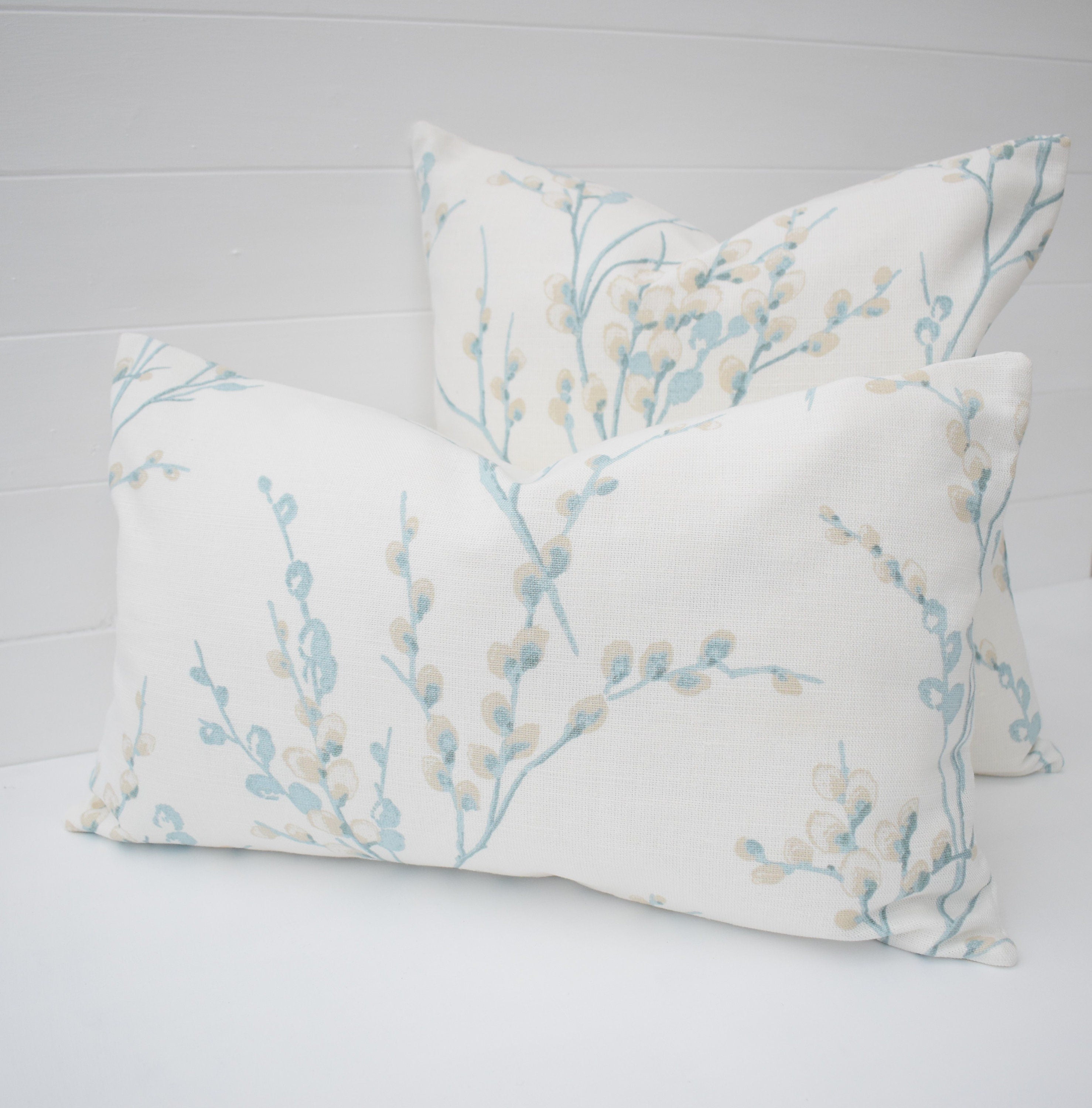 Laura Ashley Pussy Willow Duck Egg Cushion, backed in Laura Ashley Austen Off White, Handmade with a  Zip Fastening 16"