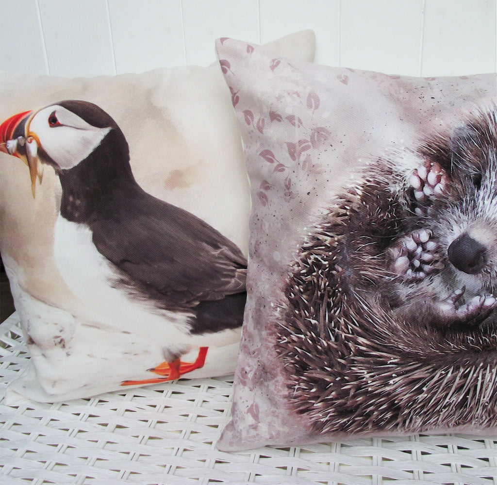 Puffin Bird Cushion: Handmade Coastal Pillow, Cover Only or Cover + Pad