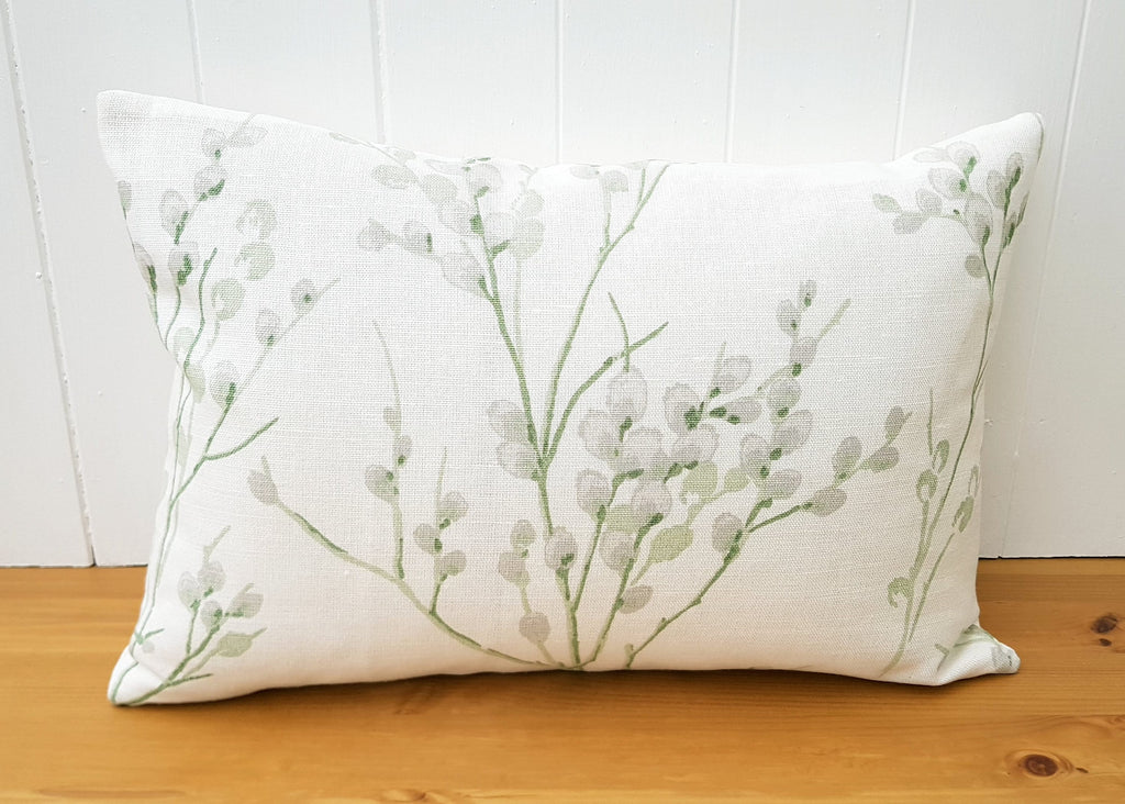 Laura Ashley Pussy Willow Cushion, Green Floral Hedgerow Pillow, backed in Laura Ashley Austen, Handmade with a Zip Fastening