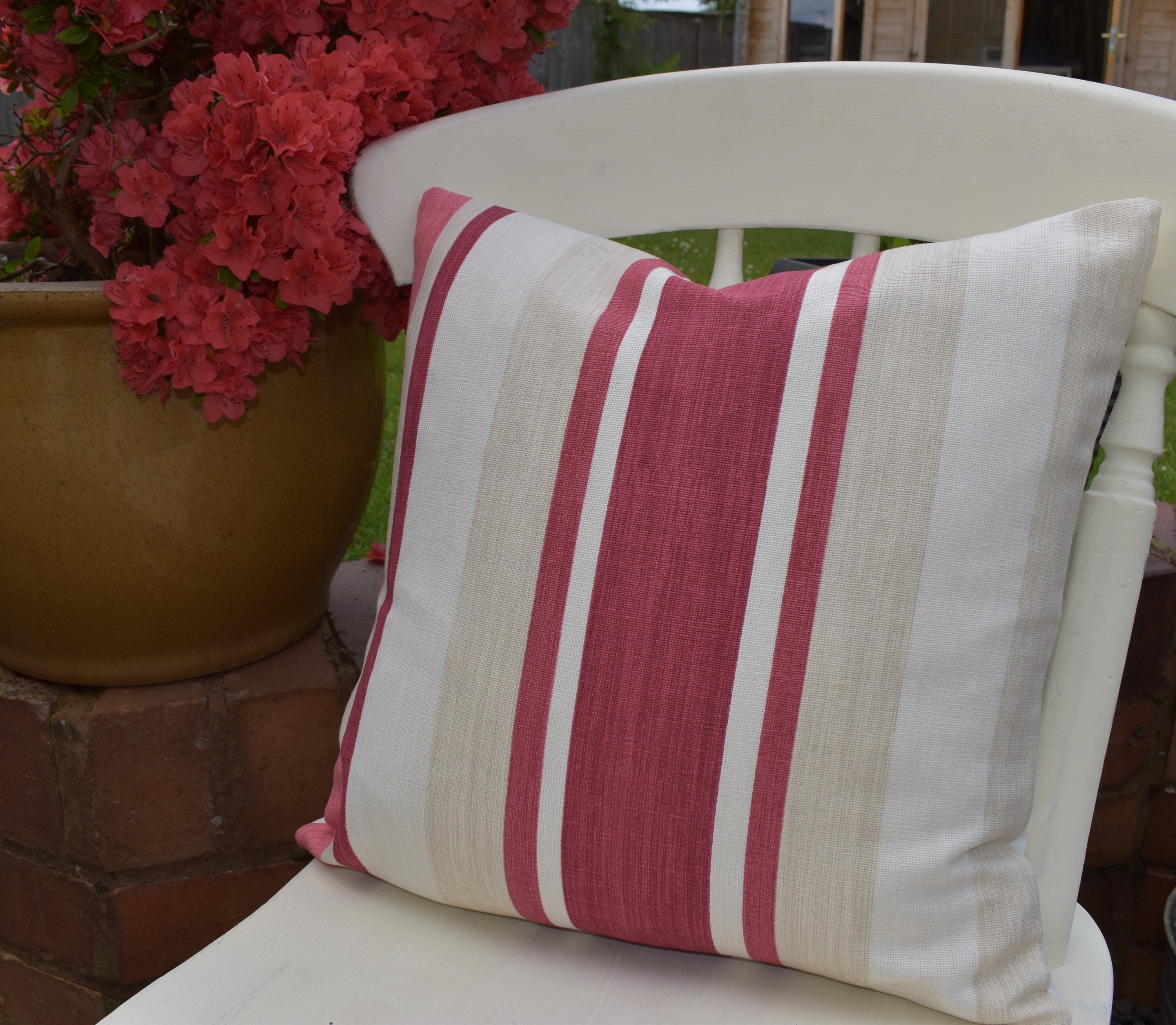 Laura Ashley Awning Stripe Cranberry Stripe Cushion : Handmade with Zip Fastening 16"