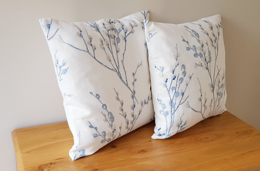 Laura Ashley Blue Seaspray Pussy Willow Cushion, with Austen Off White back, Handmade with a Zip fastening 18" by 12"