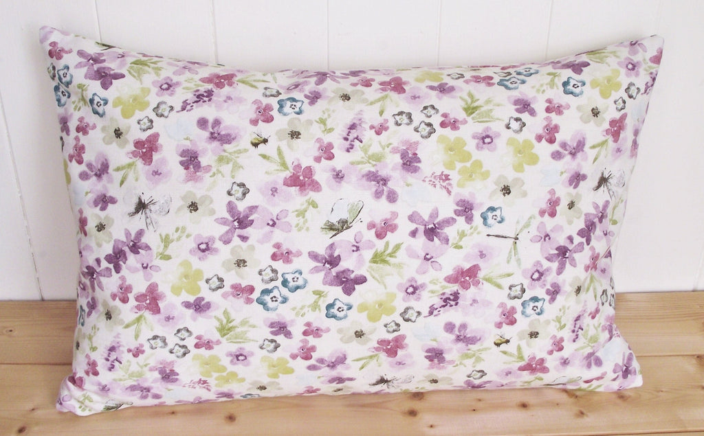 Handmade Lilac Floral Cushion: Hidcote Pastel Fabric, Zip Fastening