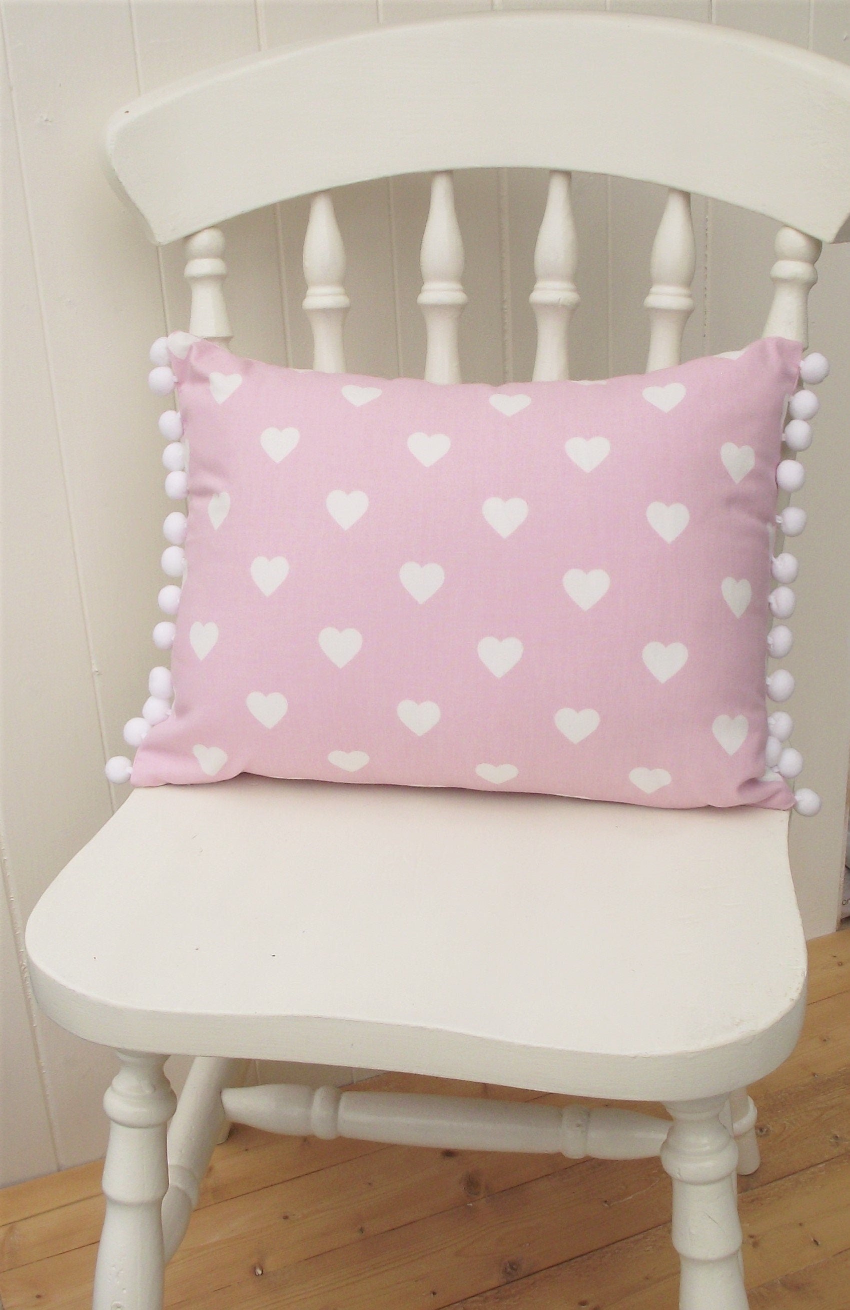 Laura Ashley Pink Hearts Cushion: Handmade Pom Pom Cushion
